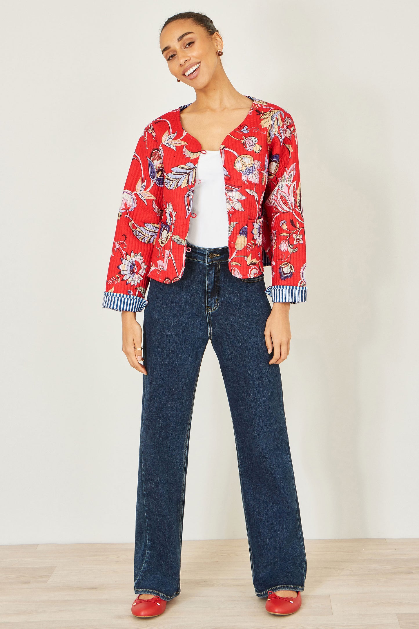 Yumi Red Boho Print Cotton Reversible Quilted Jacket Outerwear Yumi