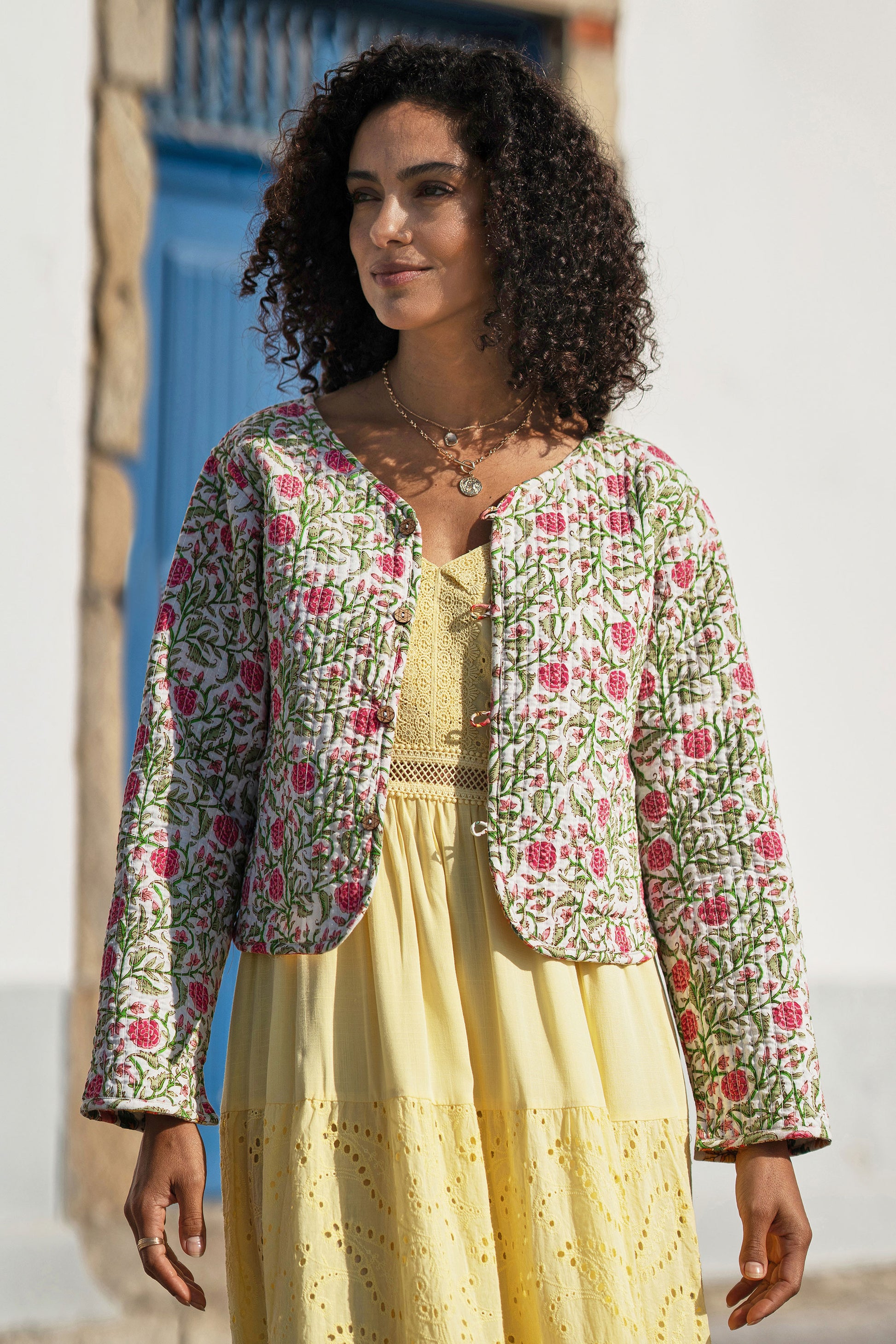 Yumi White Boho Print Cotton Reversible Quilted Jacket Outerwear Yumi