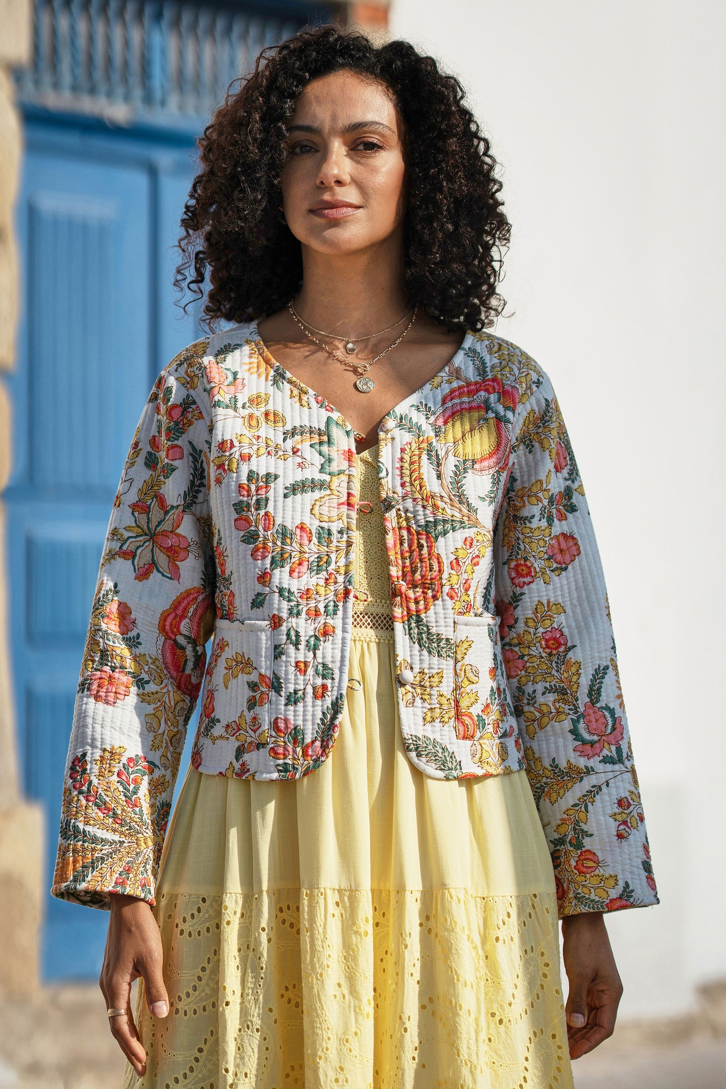 Yumi White Boho Print Cotton Reversible Quilted Jacket Outerwear Yumi