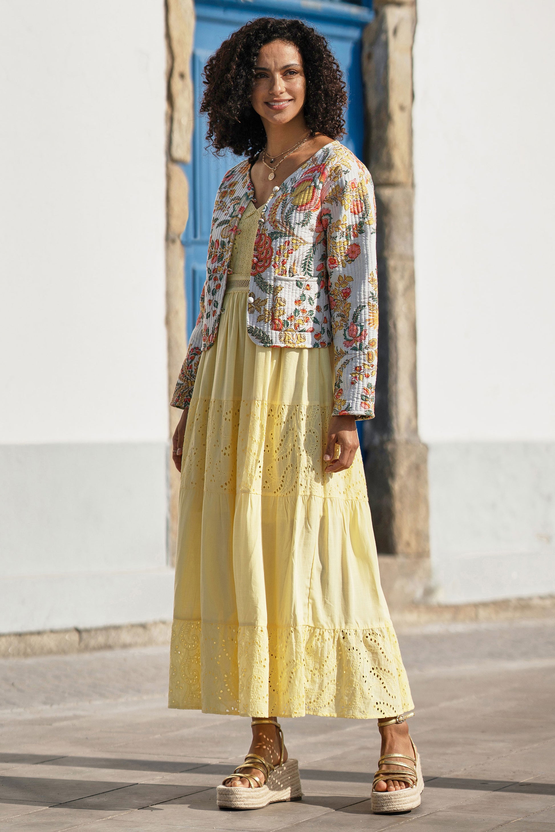 Yumi White Boho Print Cotton Reversible Quilted Jacket Outerwear Yumi