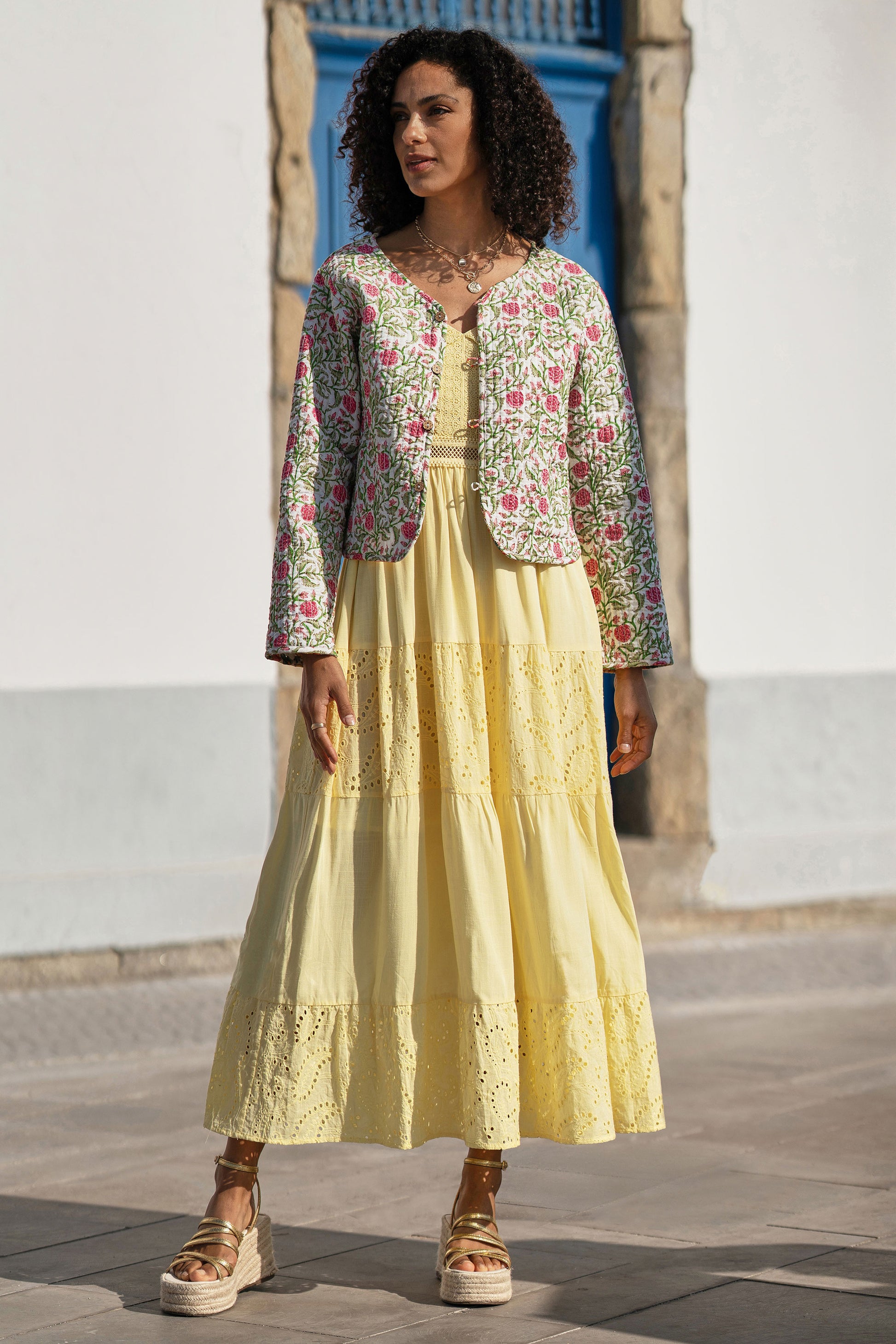 Yumi White Boho Print Cotton Reversible Quilted Jacket Outerwear Yumi