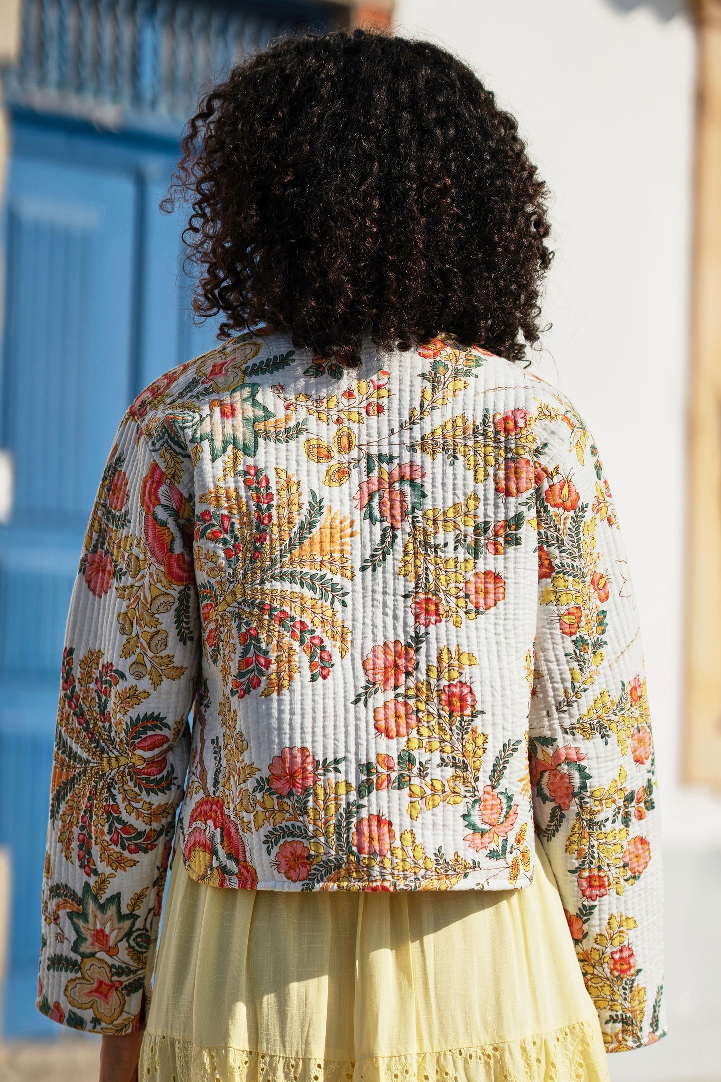 Yumi White Boho Print Cotton Reversible Quilted Jacket Outerwear Yumi