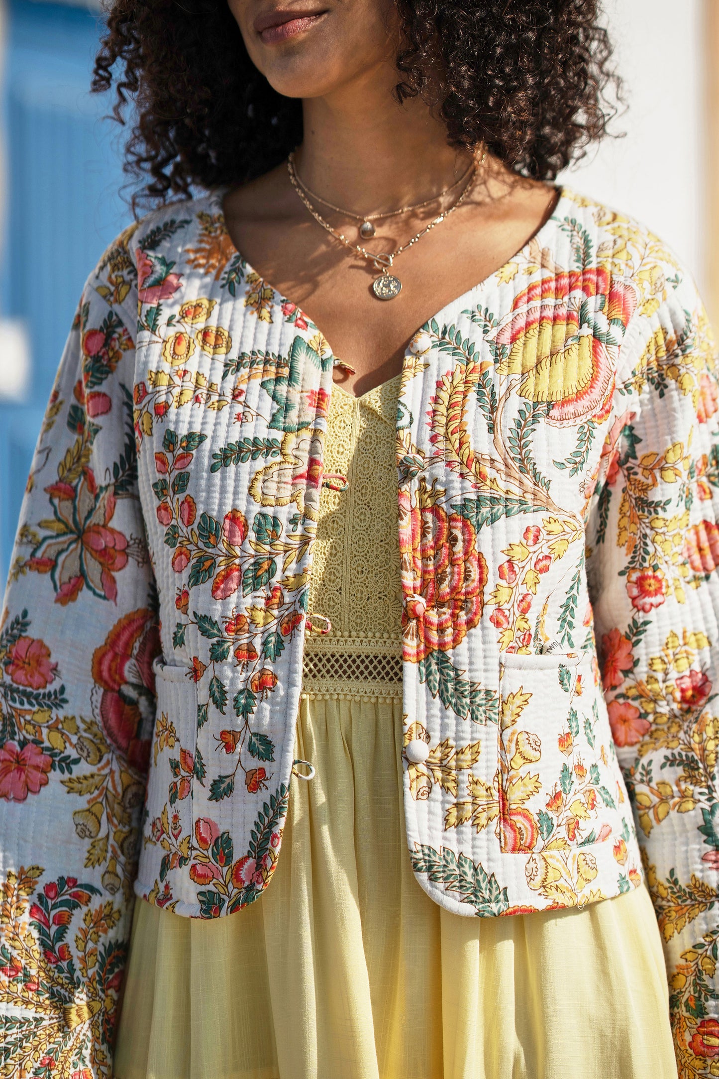 Yumi White Boho Print Cotton Reversible Quilted Jacket Outerwear Yumi