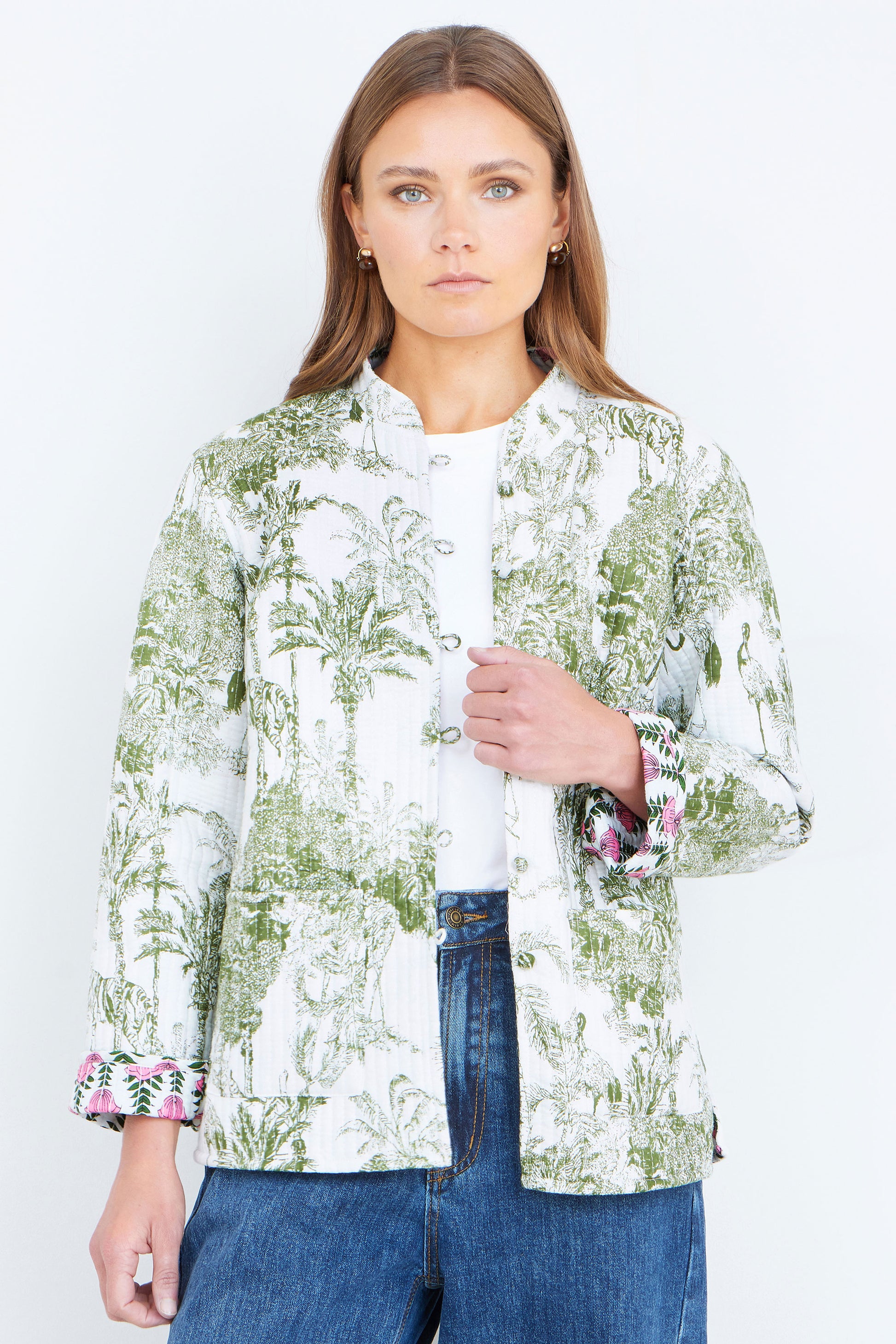 Yumi Green Reversible Cotton Quilted Jacket Outerwear Yumi