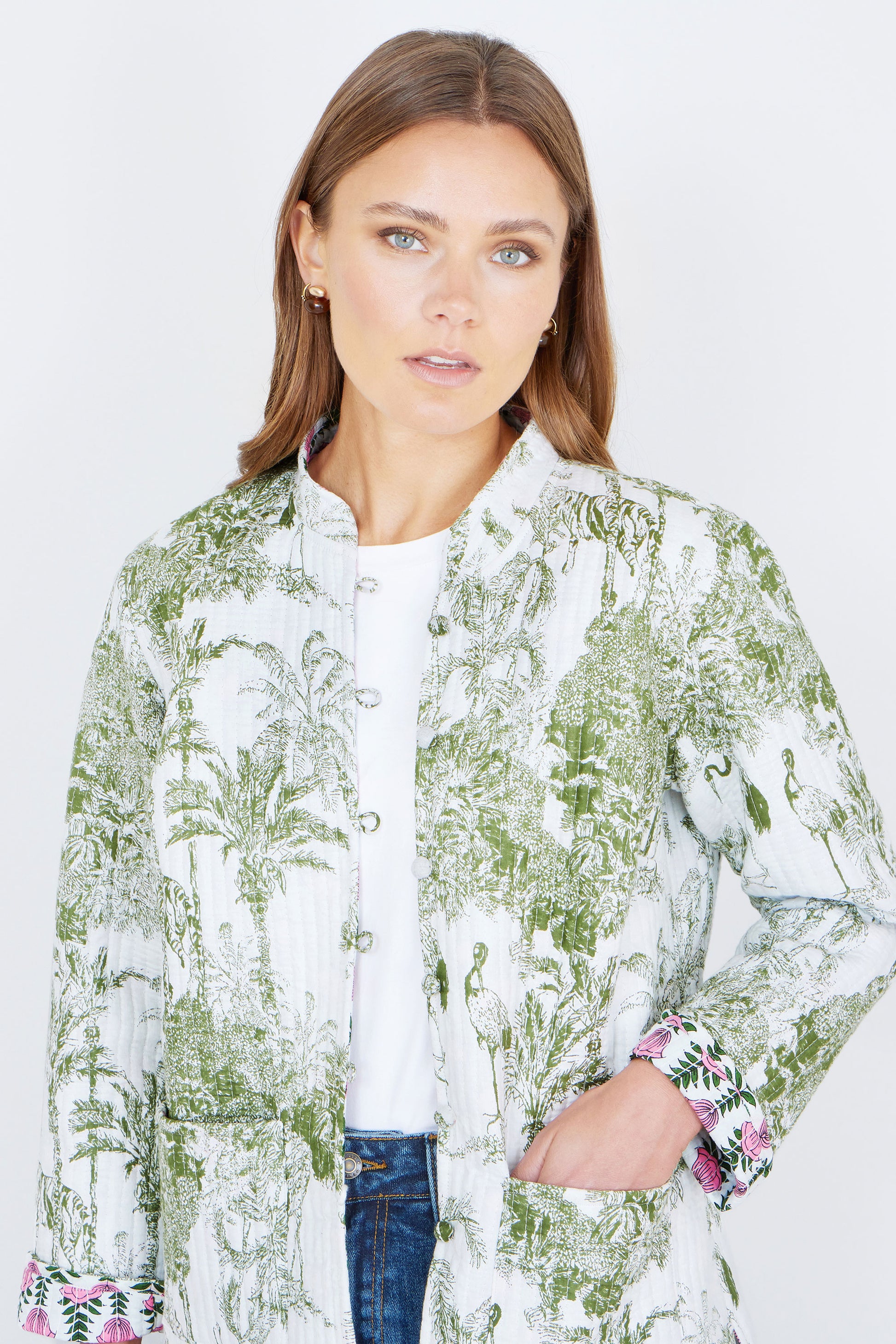 Yumi Green Reversible Cotton Quilted Jacket Outerwear Yumi