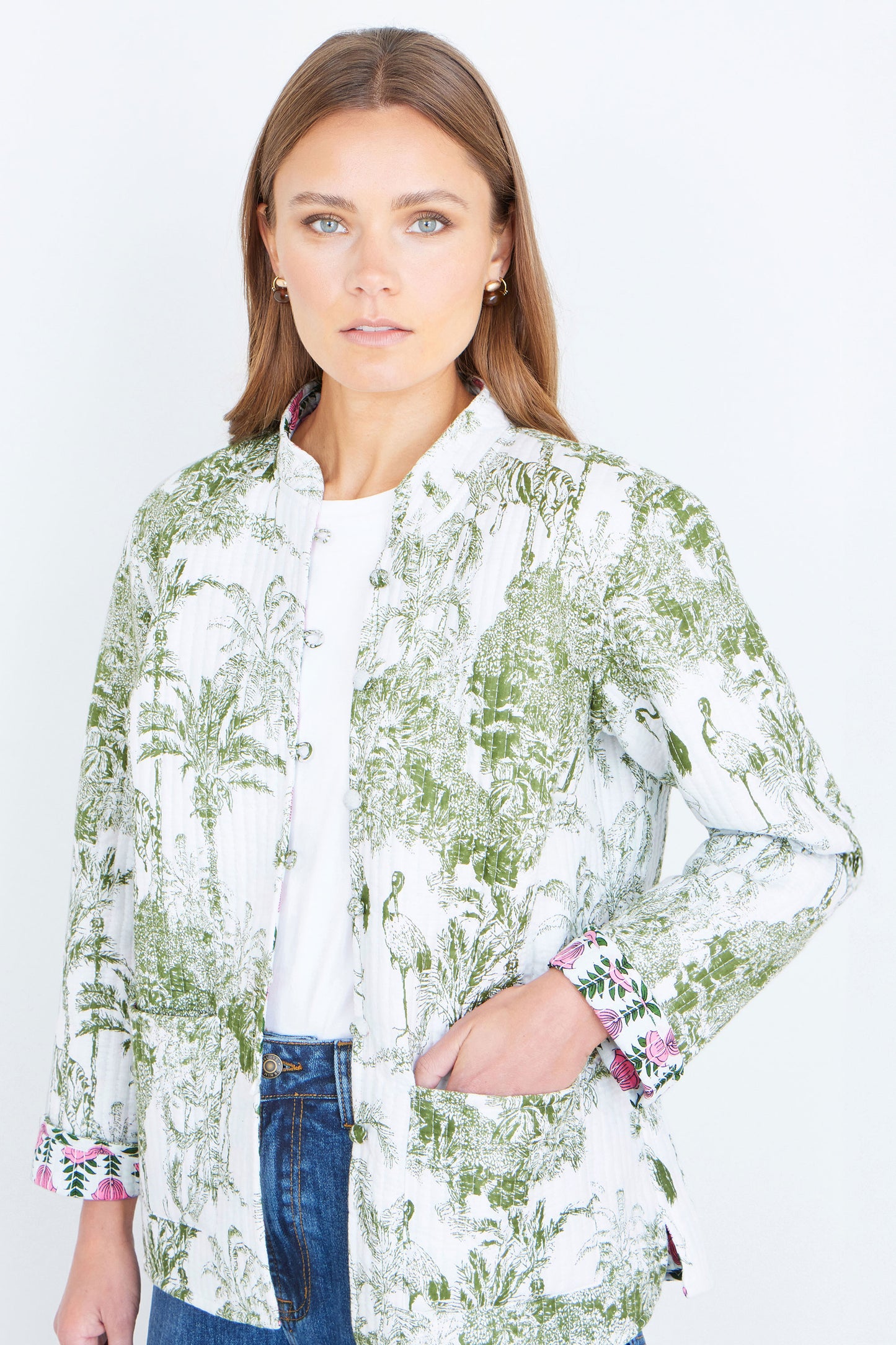 Yumi Green Reversible Cotton Quilted Jacket Outerwear Yumi