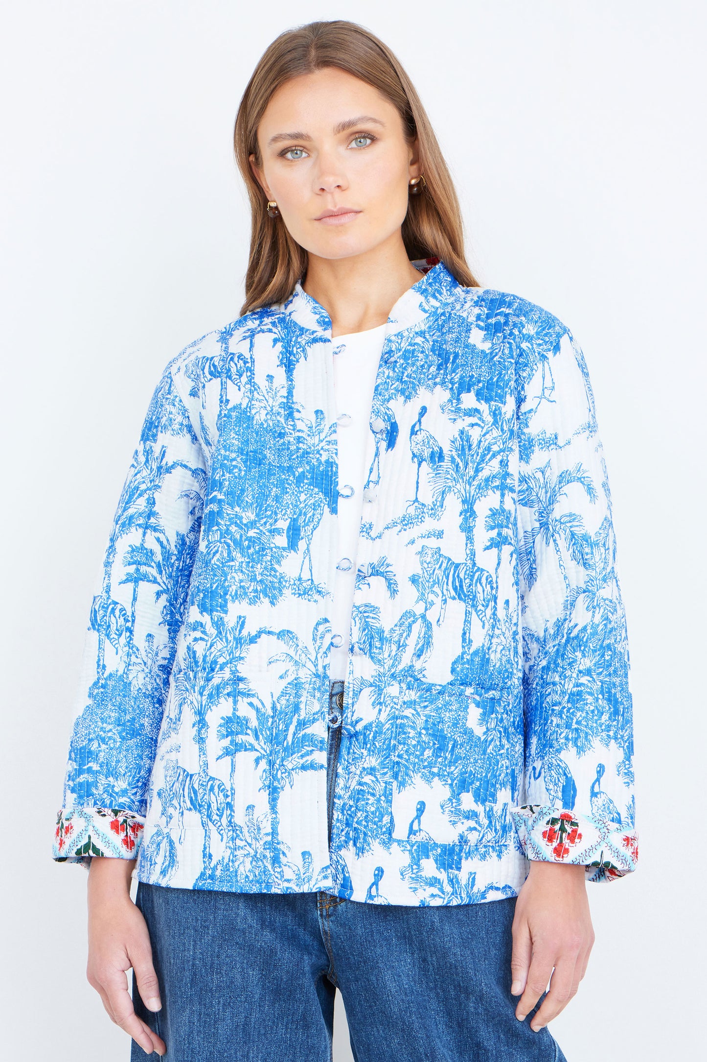 Yumi Blue Palm Reversible Cotton Quilted Jacket Outerwear Yumi