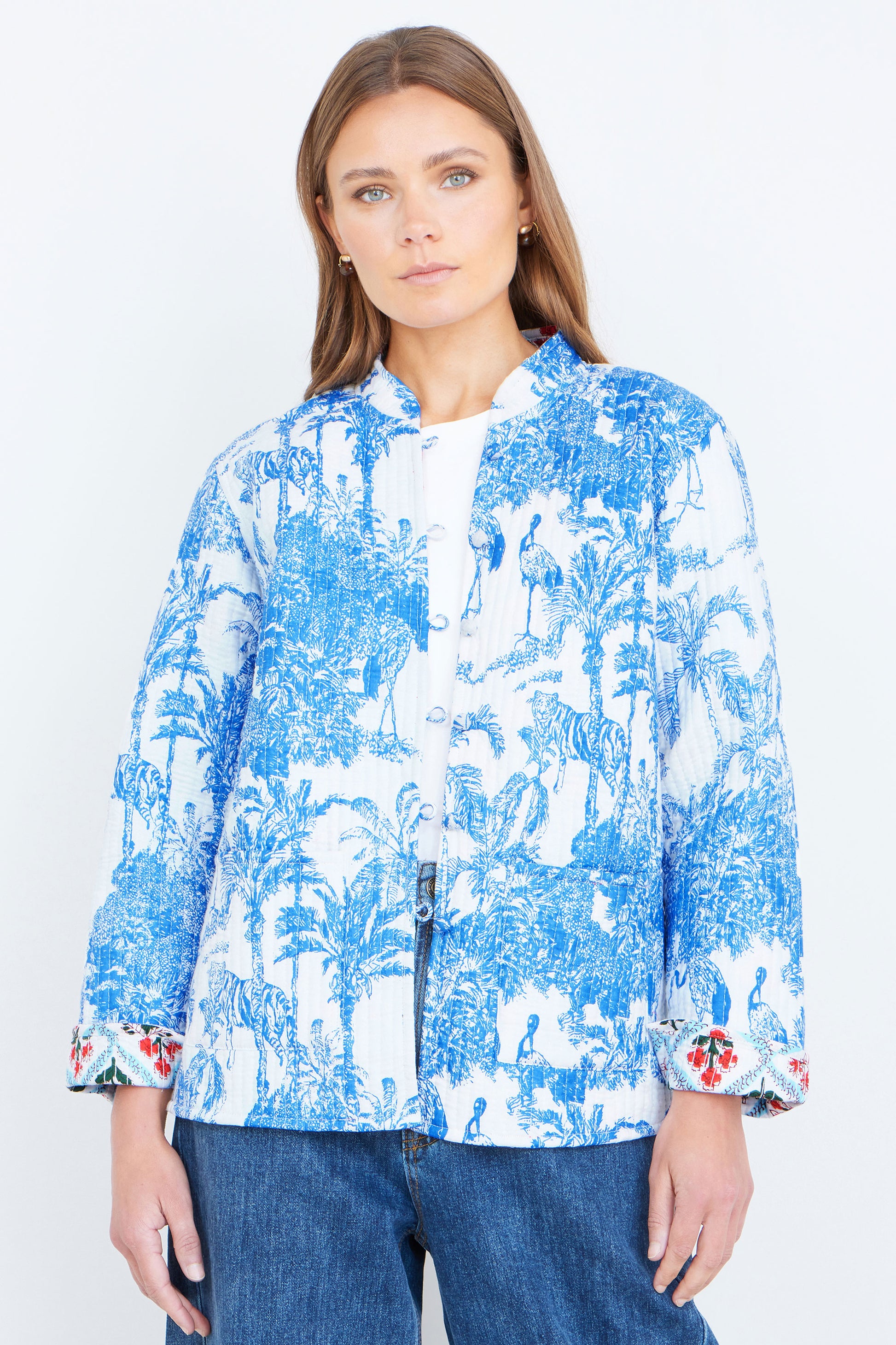 Yumi Blue Palm Reversible Cotton Quilted Jacket Outerwear Yumi