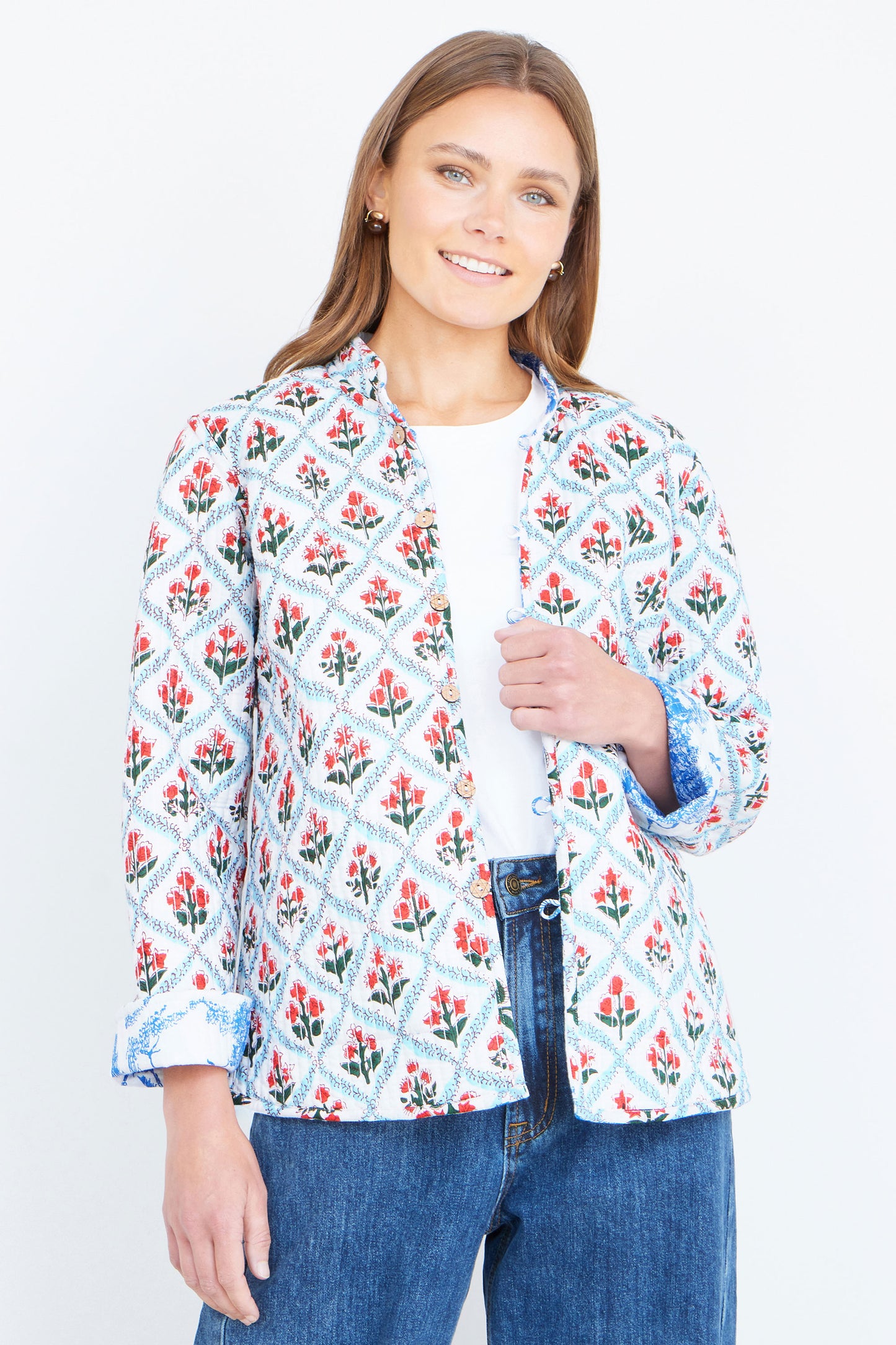 Yumi Blue Palm Reversible Cotton Quilted Jacket Outerwear Yumi