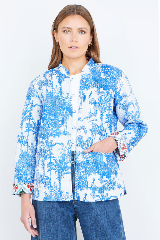 Yumi Blue Palm Reversible Cotton Quilted Jacket Outerwear Yumi