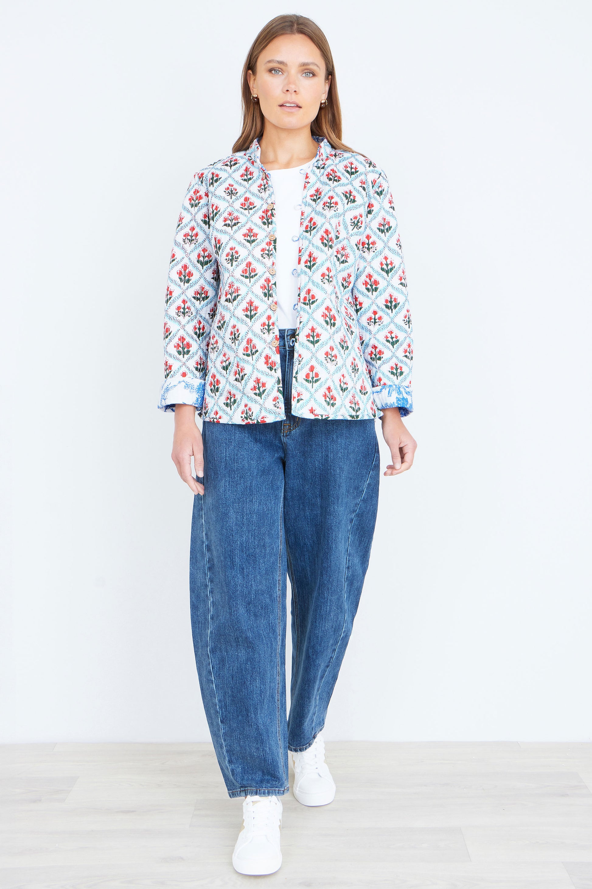 Yumi Blue Palm Reversible Cotton Quilted Jacket Outerwear Yumi