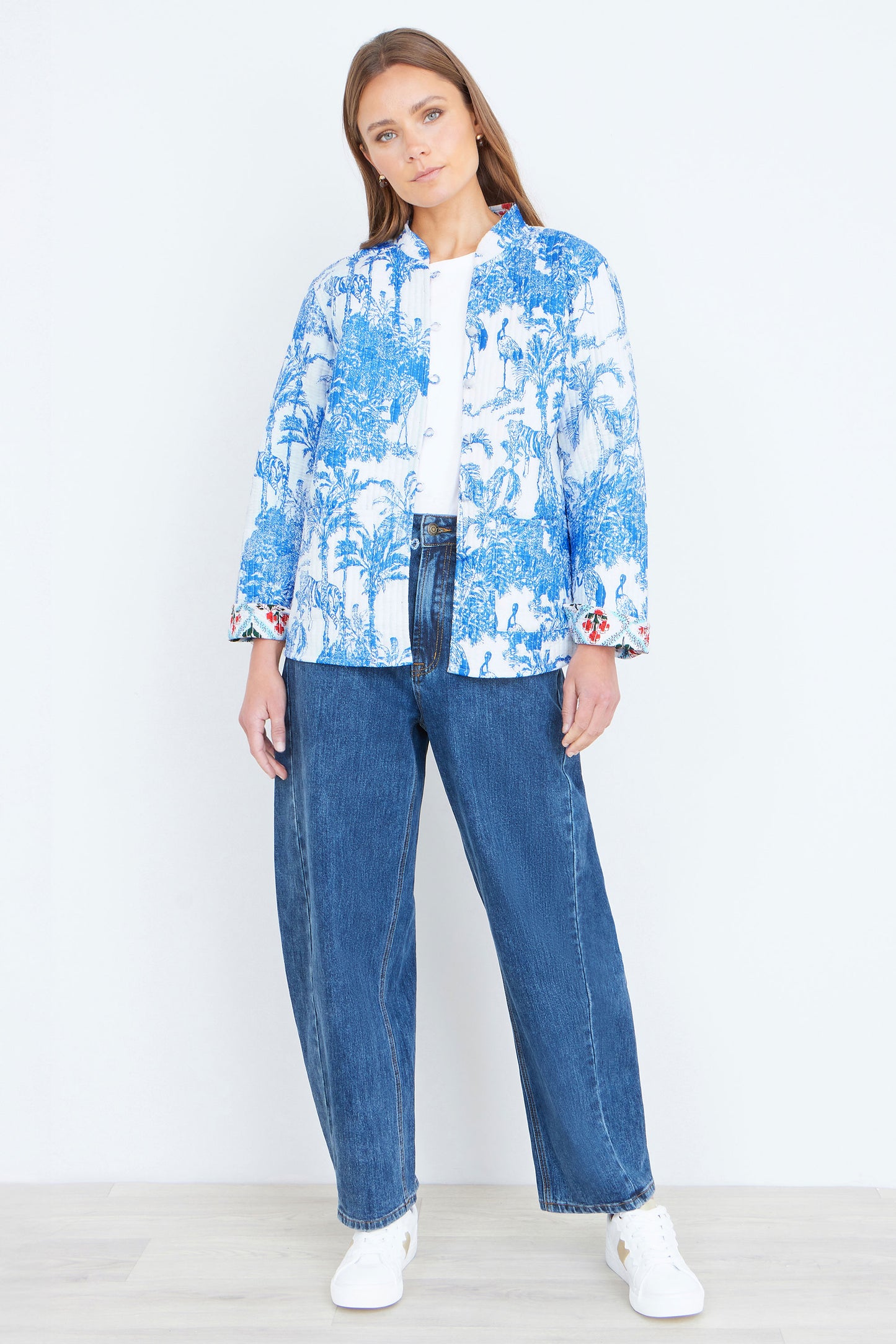 Yumi Blue Palm Reversible Cotton Quilted Jacket Outerwear Yumi