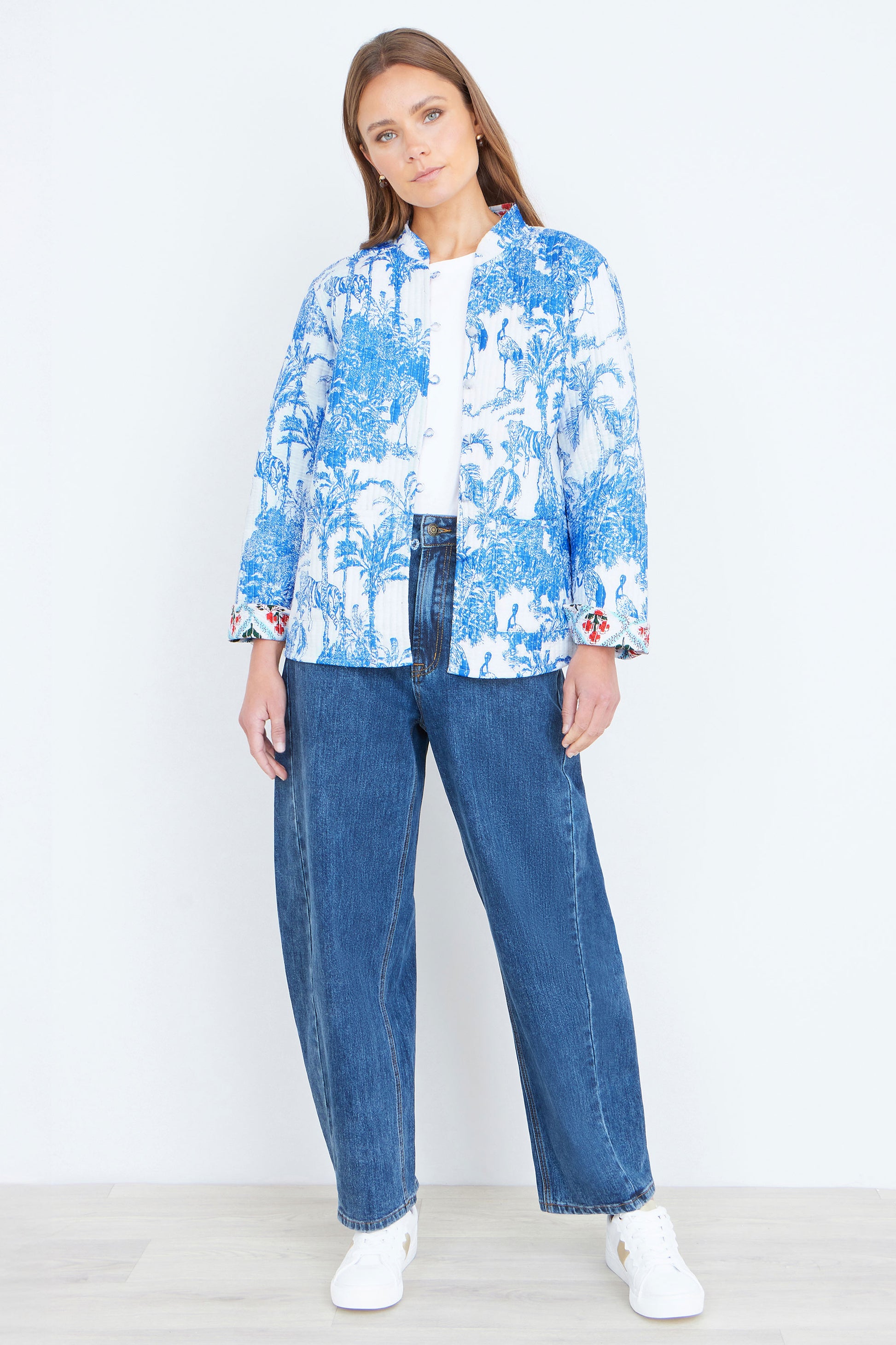 Yumi Blue Palm Reversible Cotton Quilted Jacket Outerwear Yumi