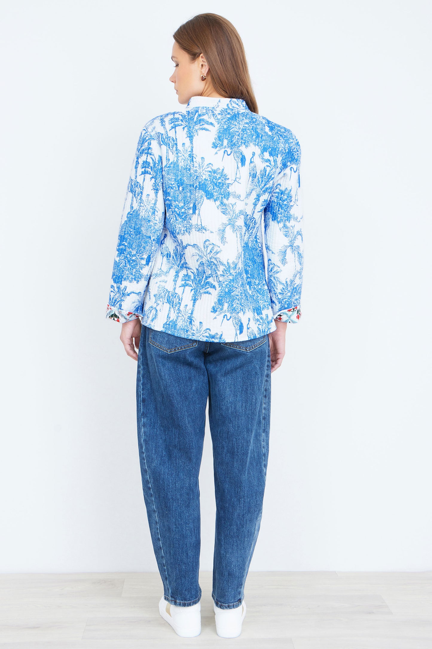 Yumi Blue Palm Reversible Cotton Quilted Jacket Outerwear Yumi