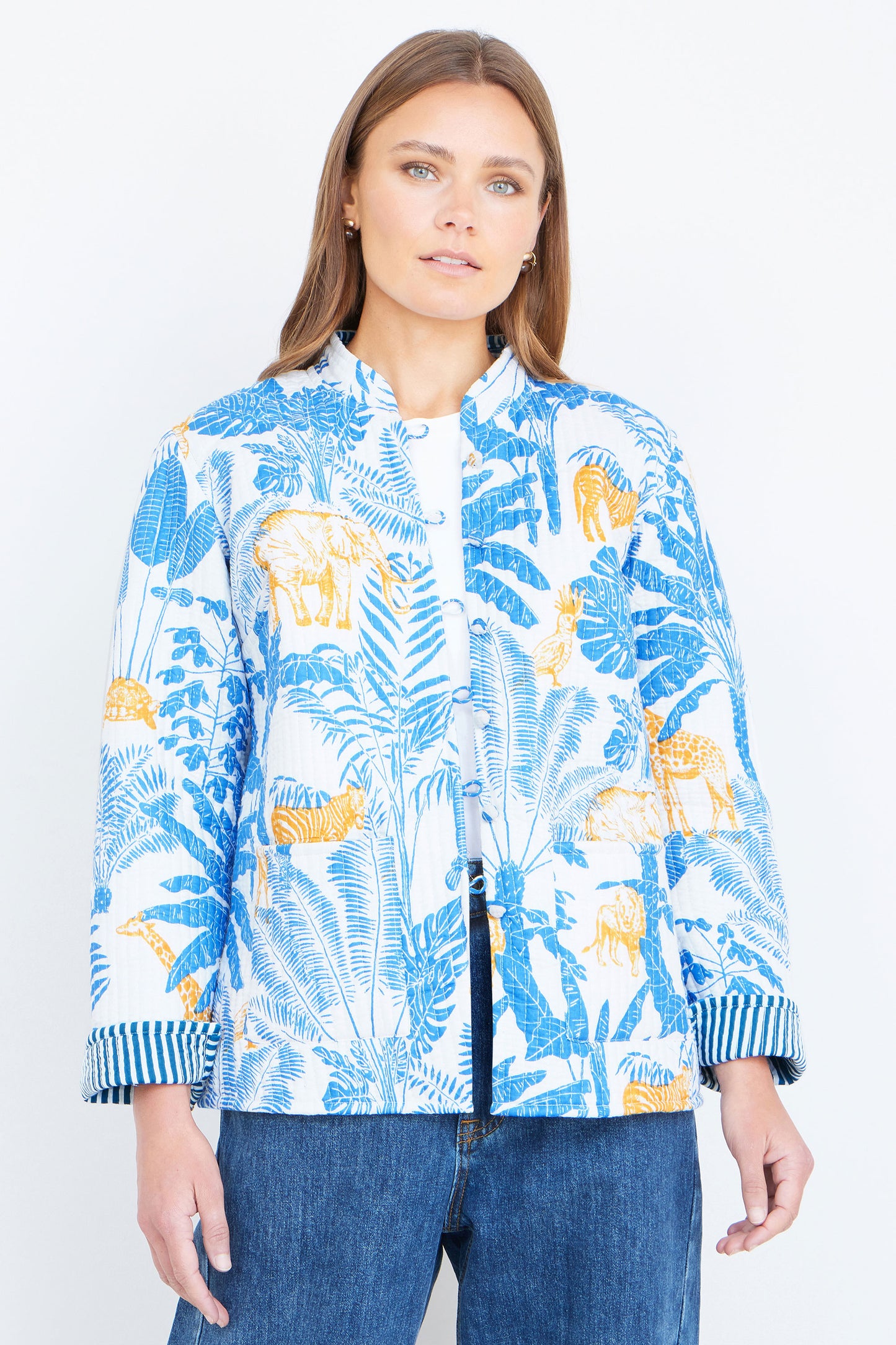 Yumi Blue Jungle Reversible Cotton Quilted Jacket Outerwear Yumi