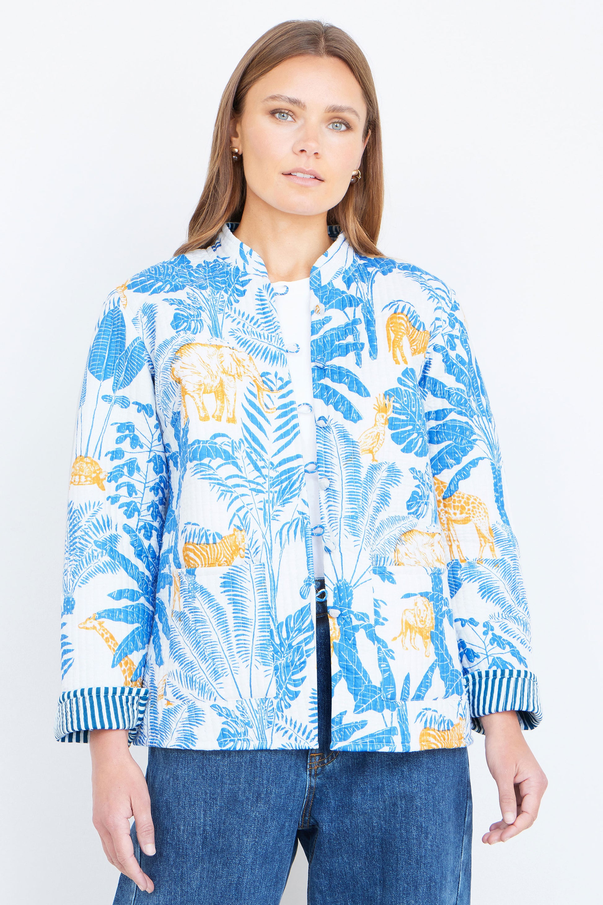 Yumi Blue Jungle Reversible Cotton Quilted Jacket Outerwear Yumi