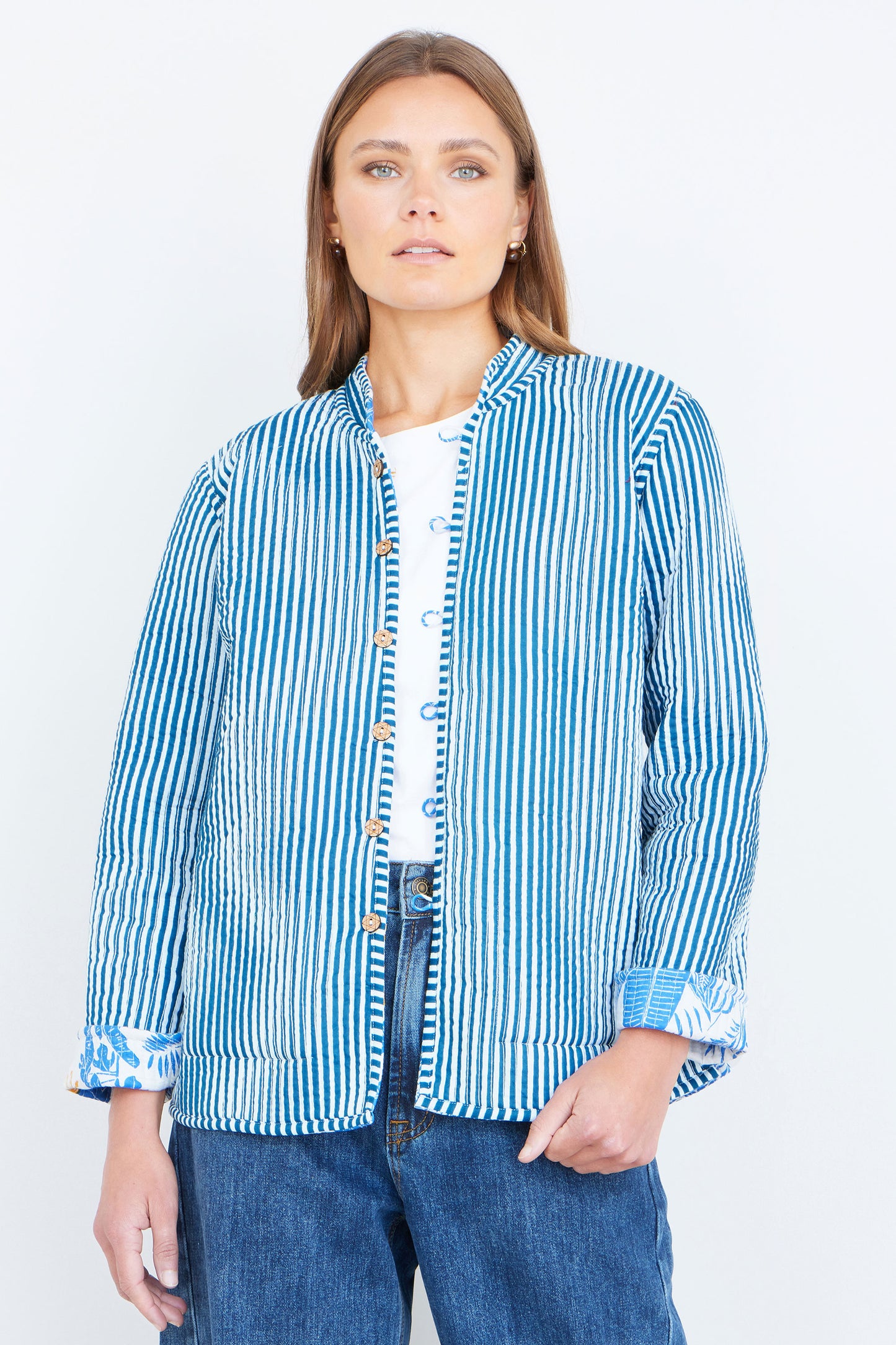 Yumi Blue Jungle Reversible Cotton Quilted Jacket Outerwear Yumi