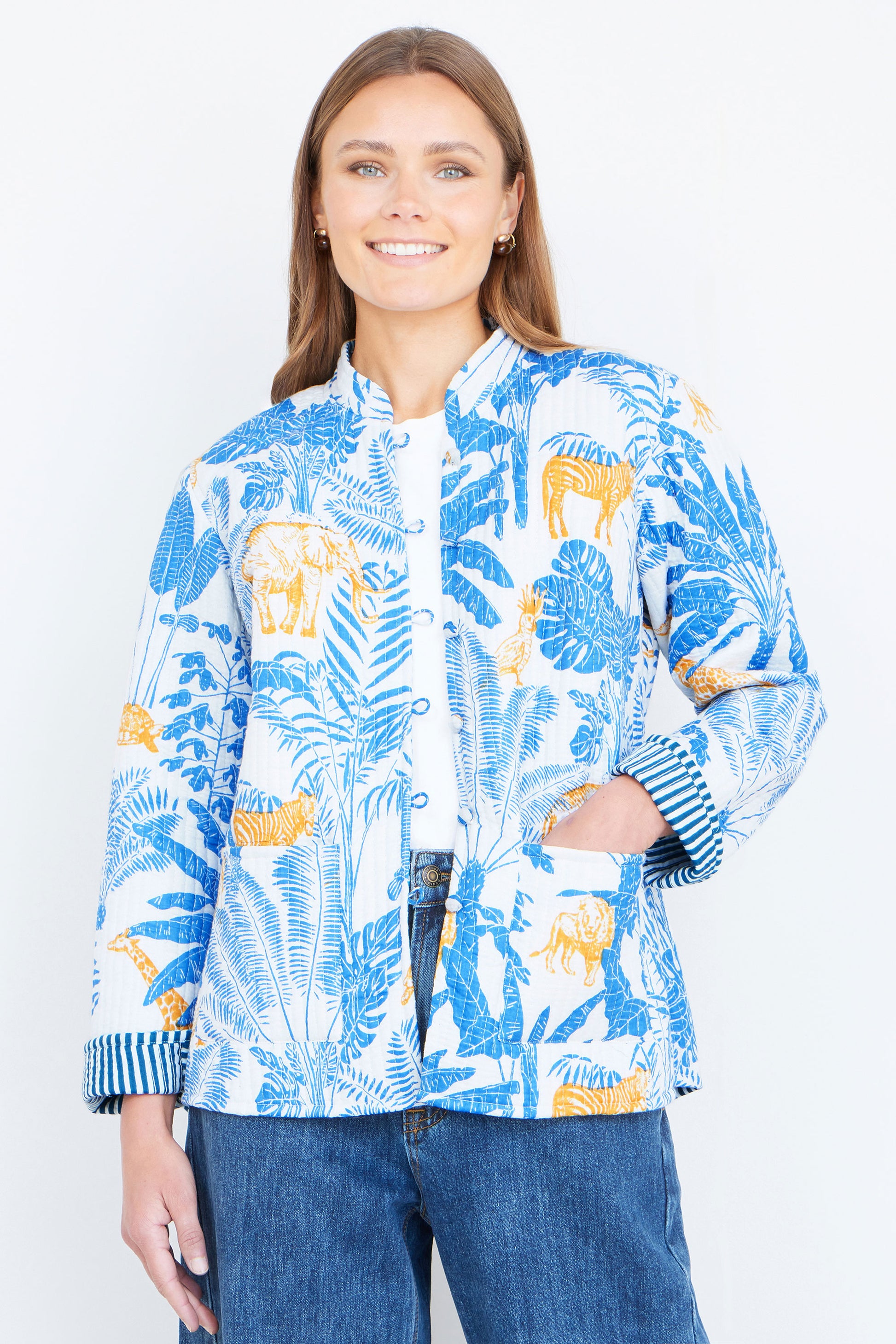 Yumi Blue Jungle Reversible Cotton Quilted Jacket Outerwear Yumi