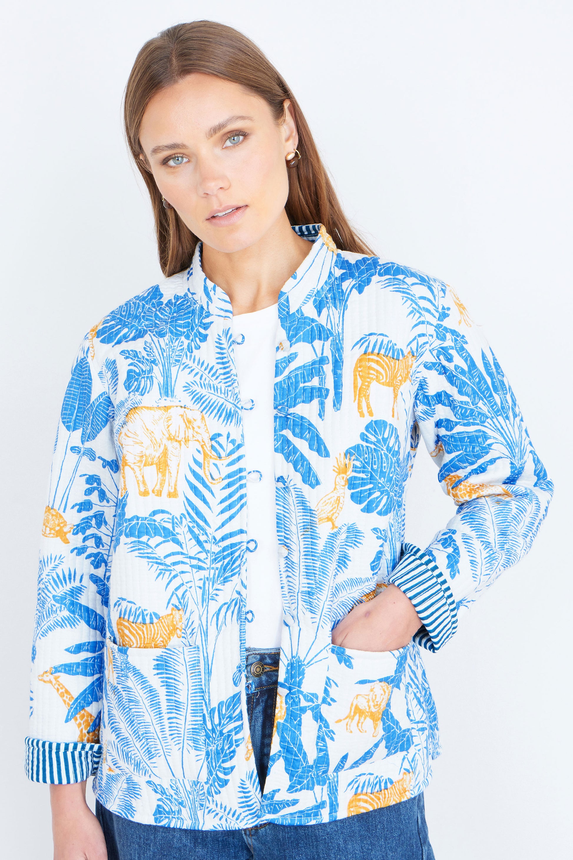 Yumi Blue Jungle Reversible Cotton Quilted Jacket Outerwear Yumi