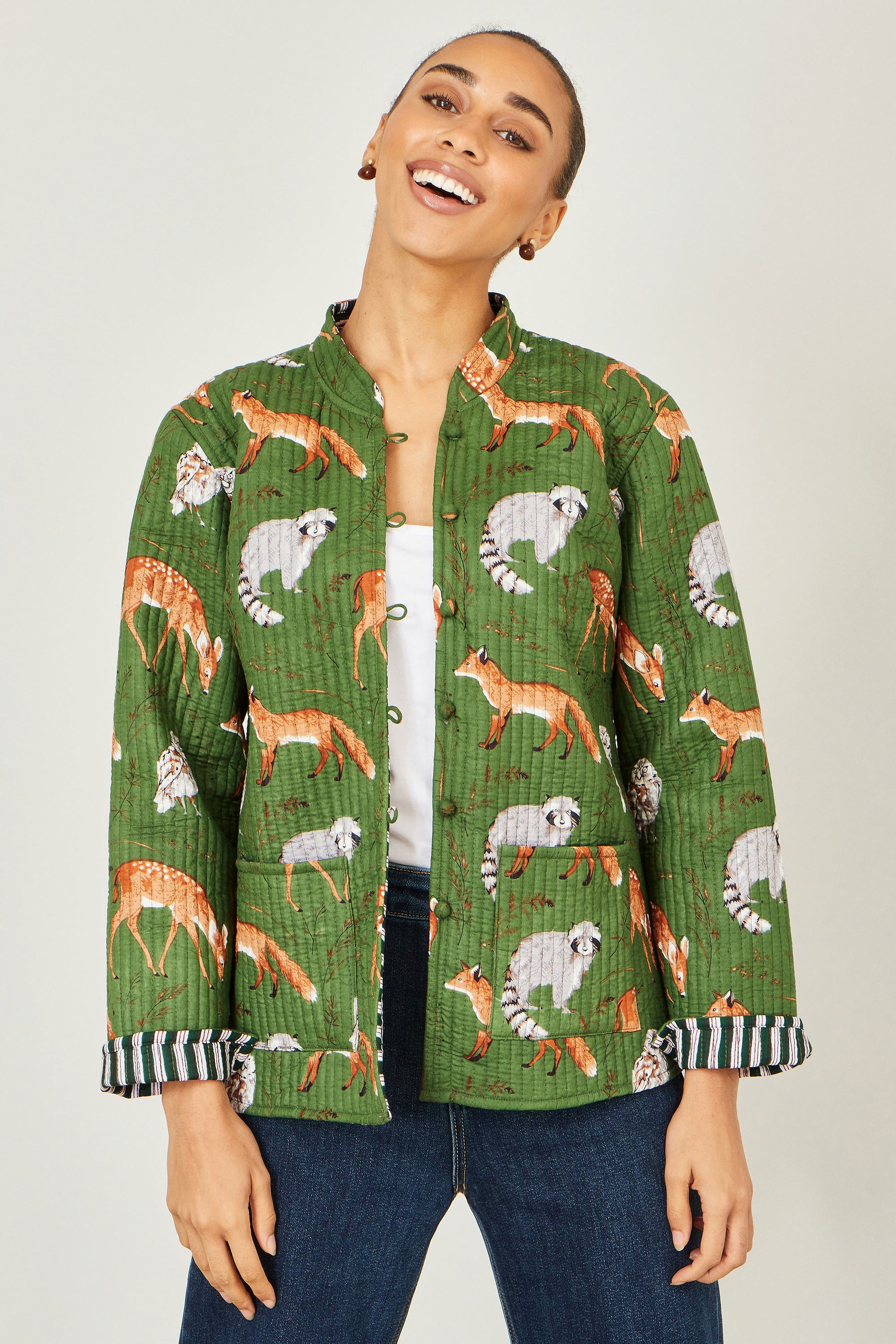 Yumi Green Fox Print Reversible Cotton Quilted Jack Outerwear Yumi