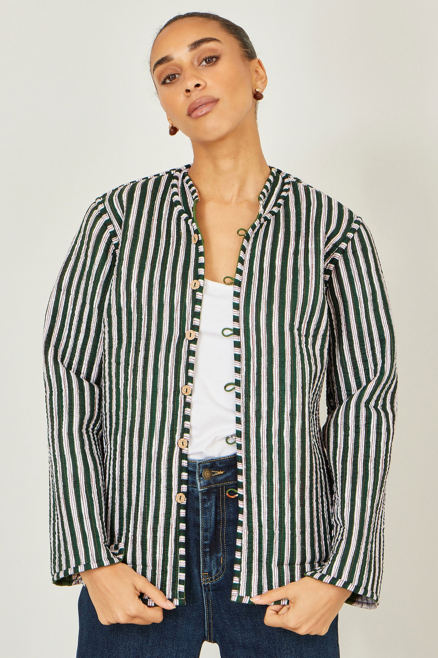 Yumi Green Fox Print Reversible Cotton Quilted Jack Outerwear Yumi