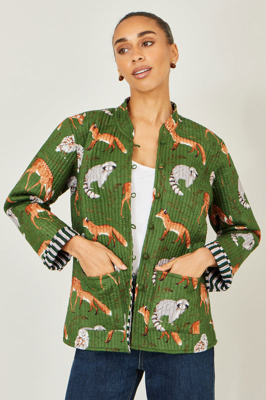 Yumi Green Fox Print Reversible Cotton Quilted Jack Outerwear Yumi