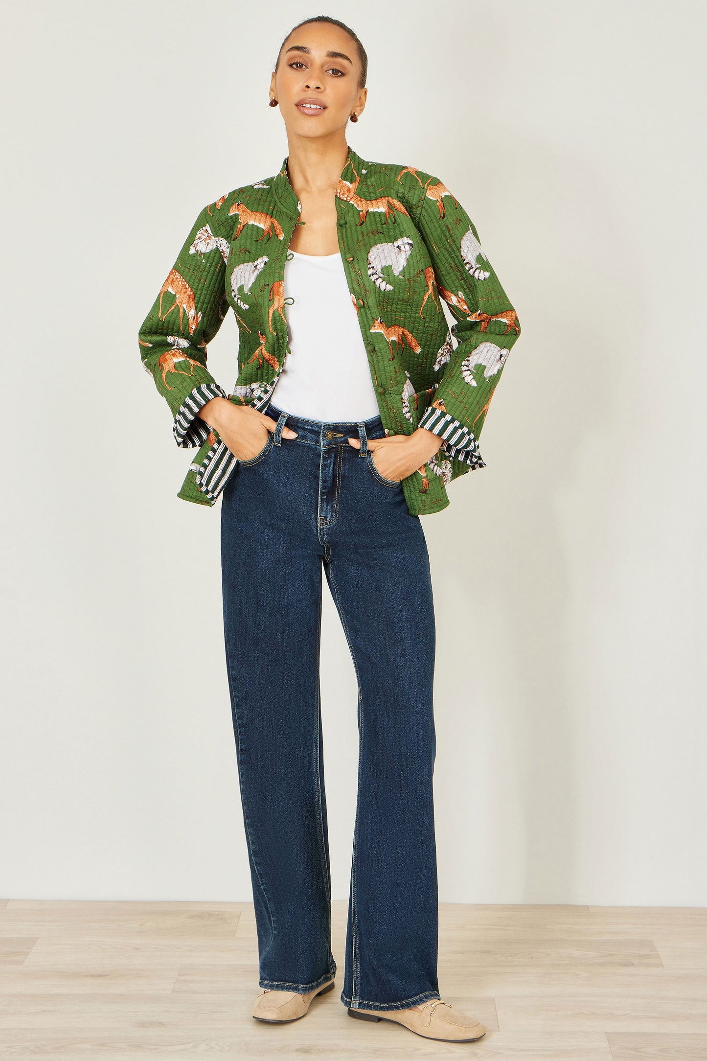 Yumi Green Fox Print Reversible Cotton Quilted Jack Outerwear Yumi