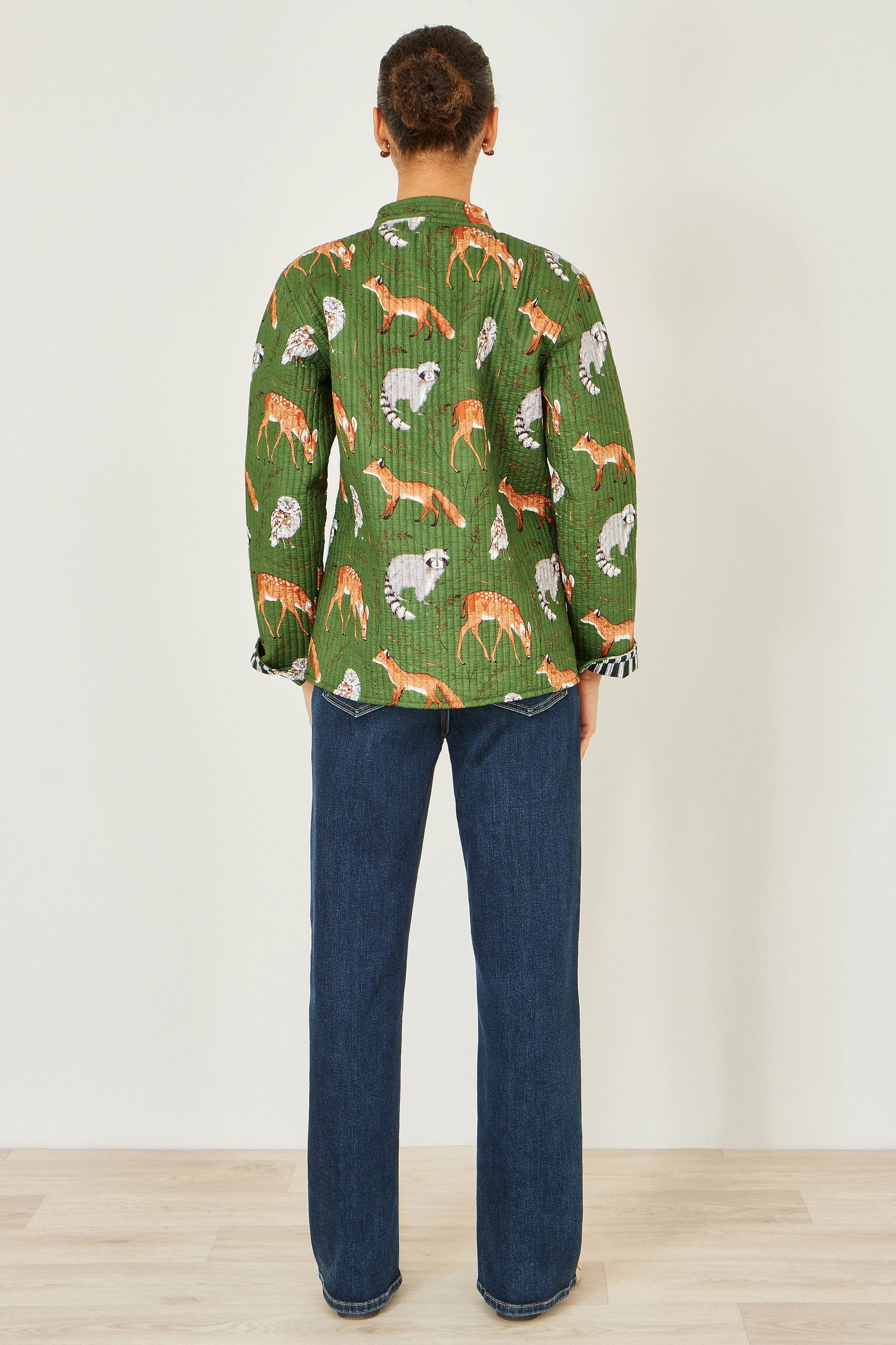 Yumi Green Fox Print Reversible Cotton Quilted Jack Outerwear Yumi