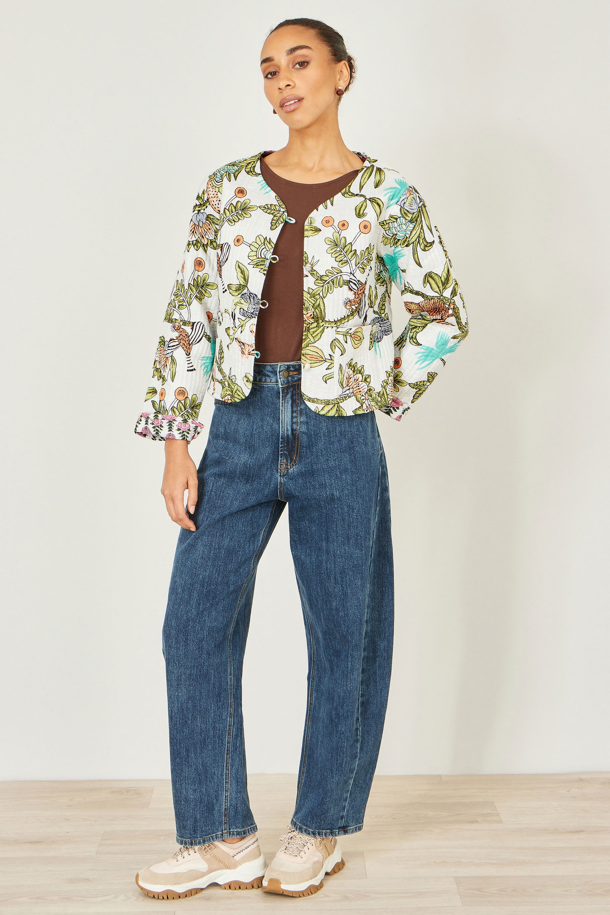 Yumi White Botanical Print Reversible Cotton Quilted Jacket Outerwear Yumi