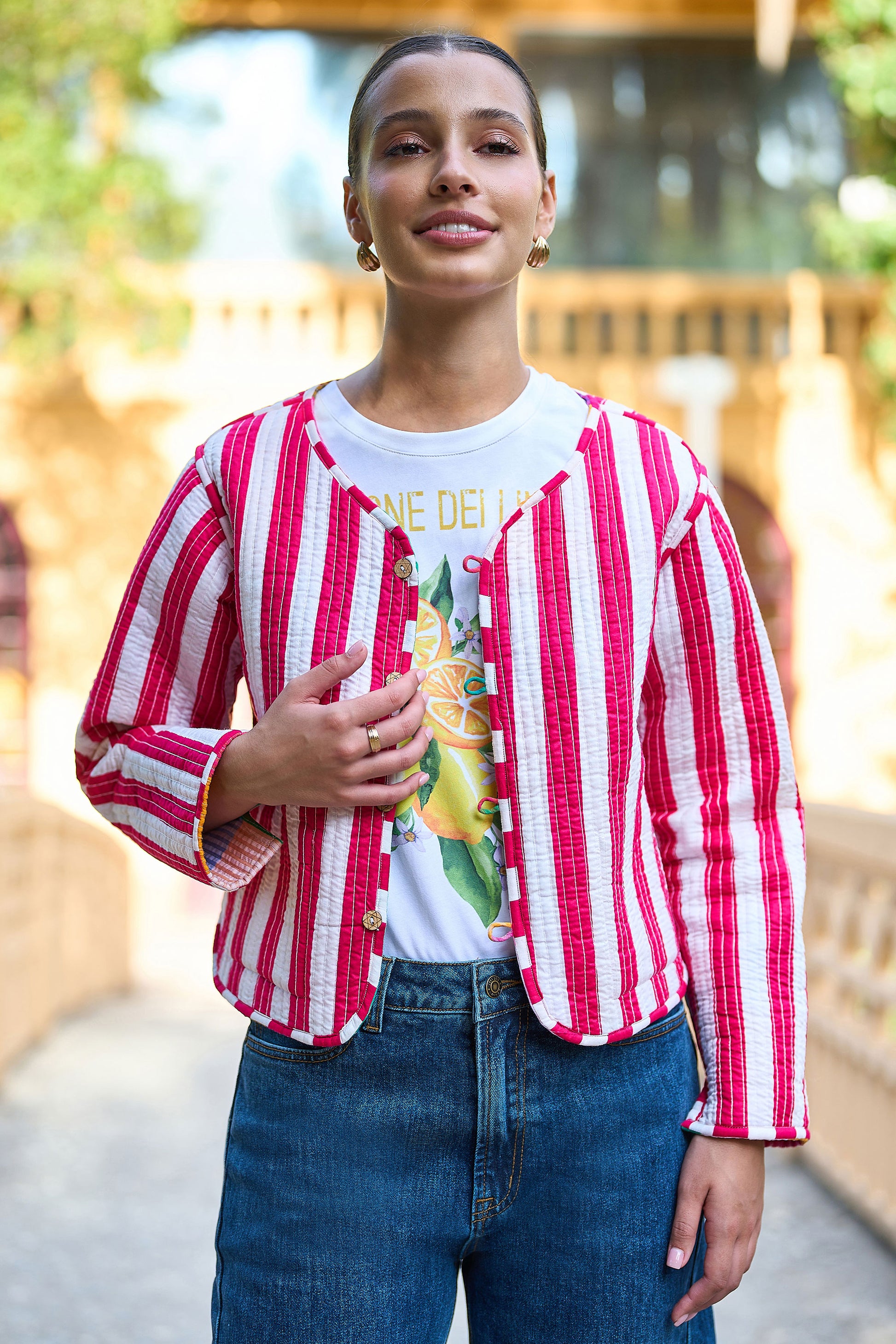 Yumi Multicolour Checked Cropped Reversible Cotton Quilted Jacket Outerwear Yumi