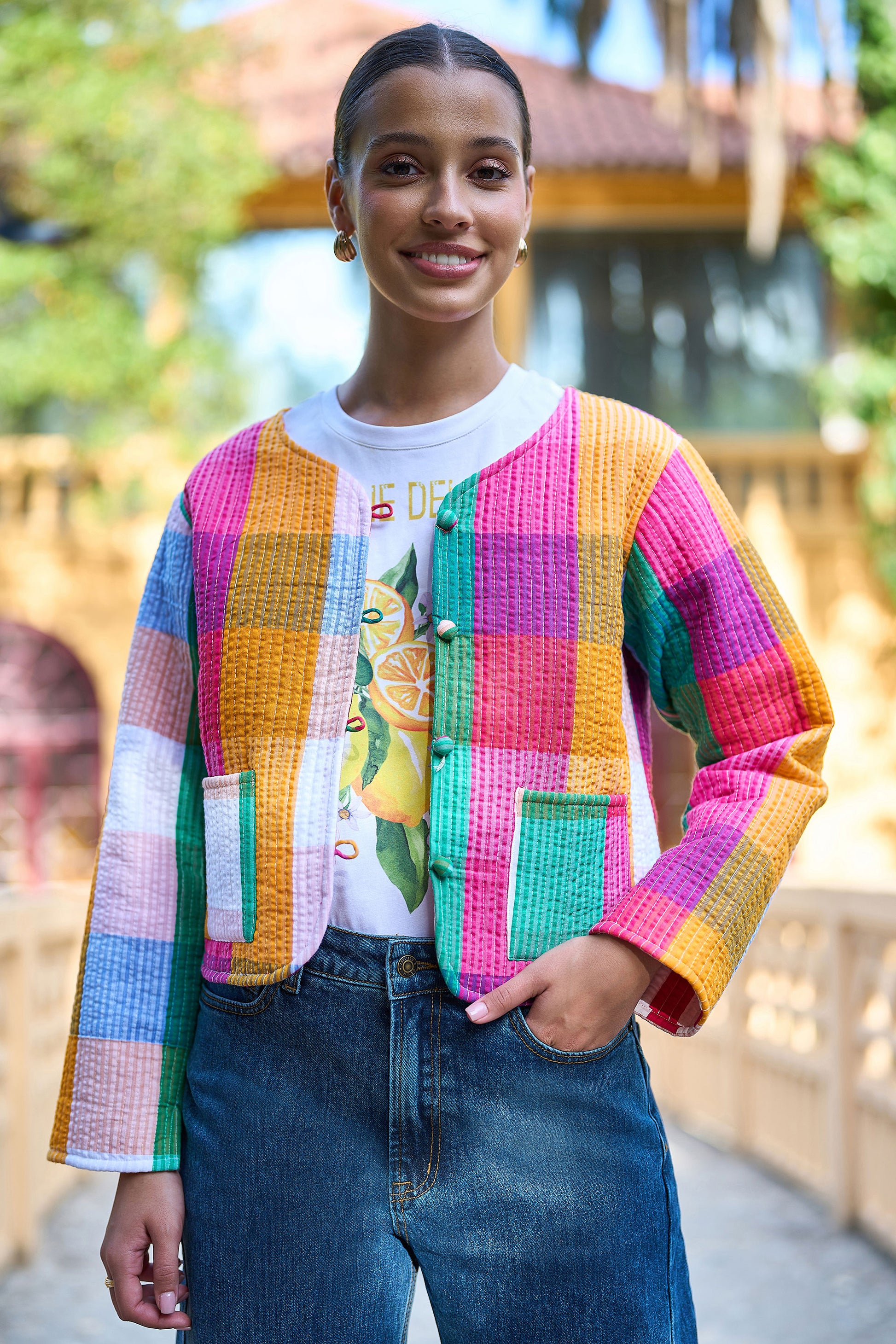 Yumi Multicolour Checked Cropped Reversible Cotton Quilted Jacket Outerwear Yumi