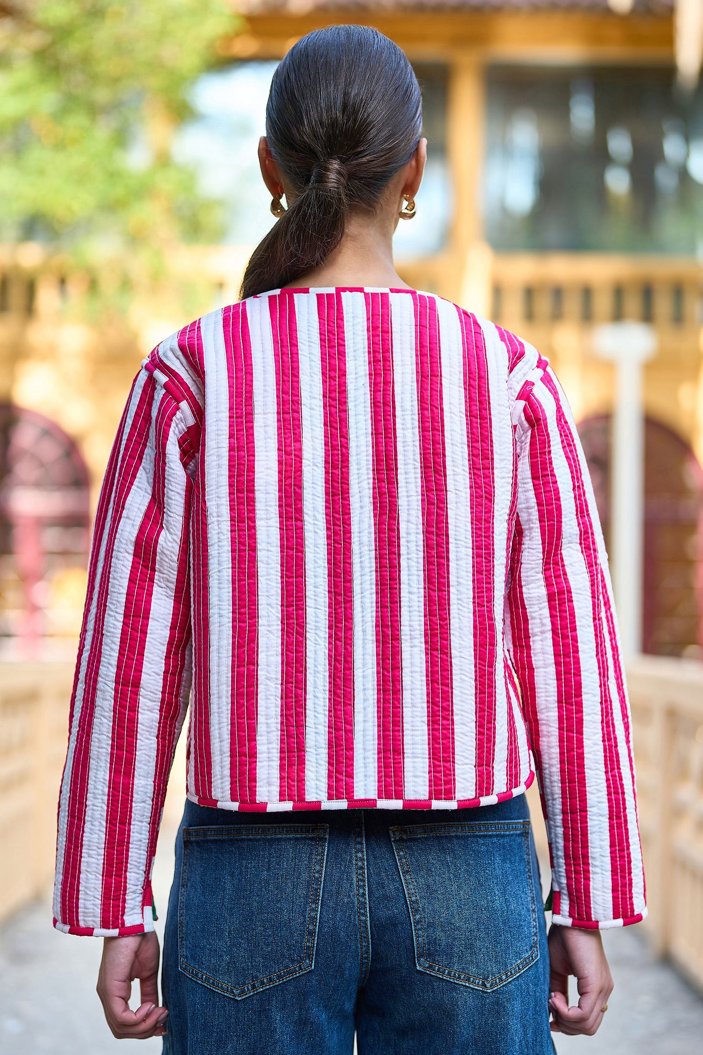 Yumi Multicolour Checked Cropped Reversible Cotton Quilted Jacket Outerwear Yumi