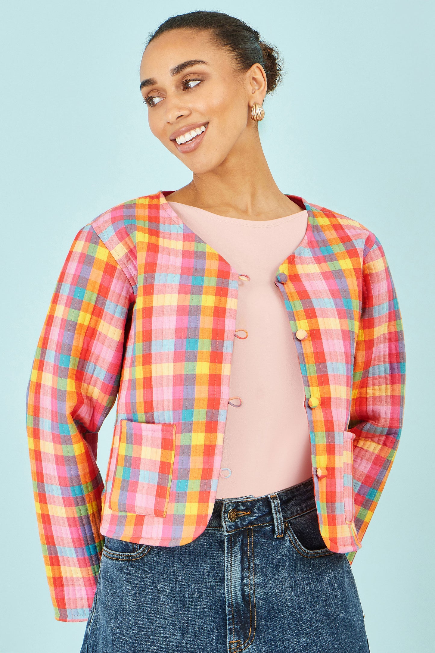 Yumi Multicolour Checked Reversible Cotton Quilted Jacket Outerwear Yumi