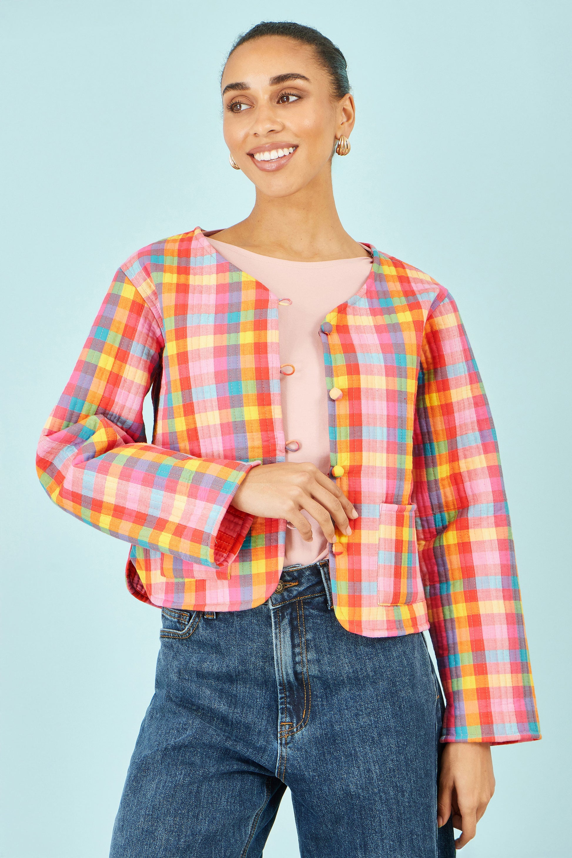 Yumi Multicolour Checked Reversible Cotton Quilted Jacket Outerwear Yumi