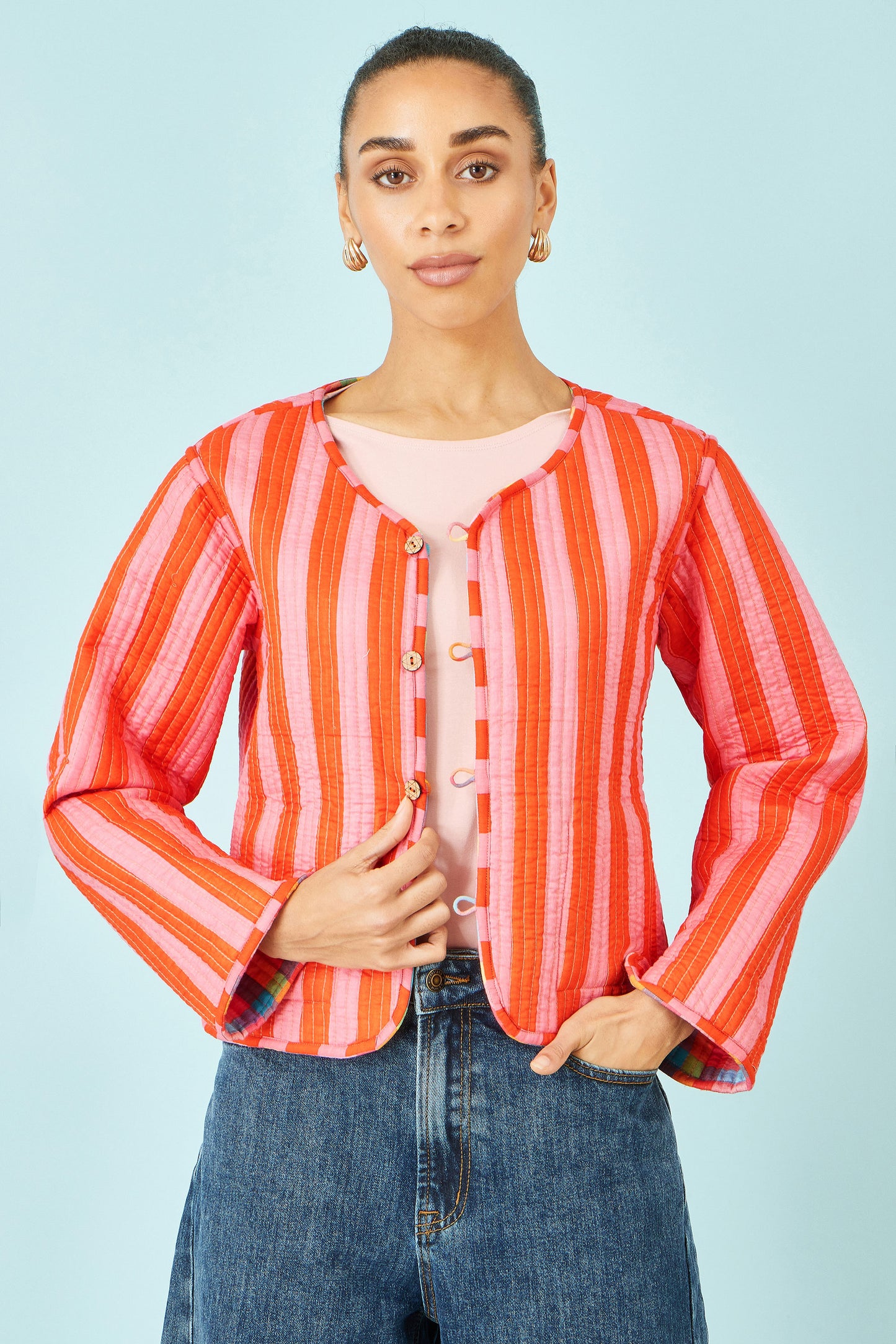 Yumi Multicolour Checked Reversible Cotton Quilted Jacket Outerwear Yumi