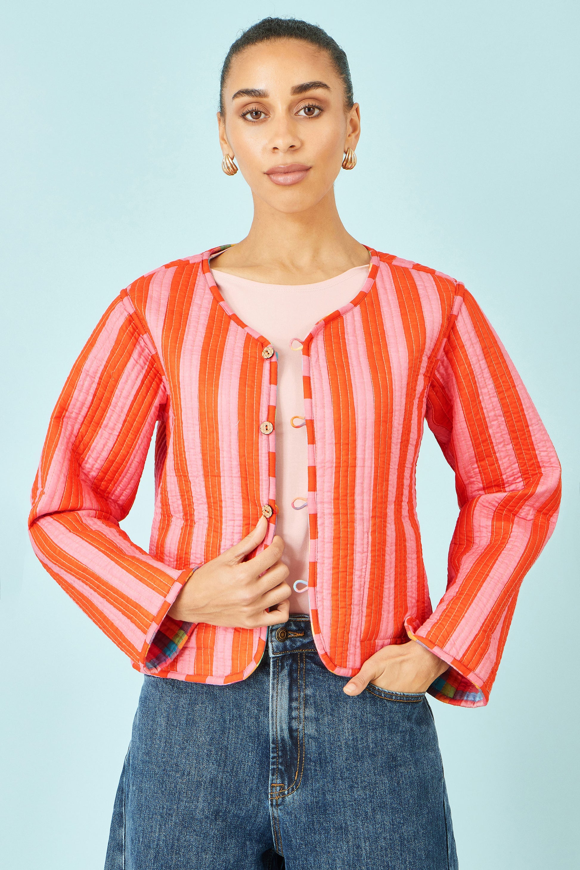 Yumi Multicolour Checked Reversible Cotton Quilted Jacket Outerwear Yumi