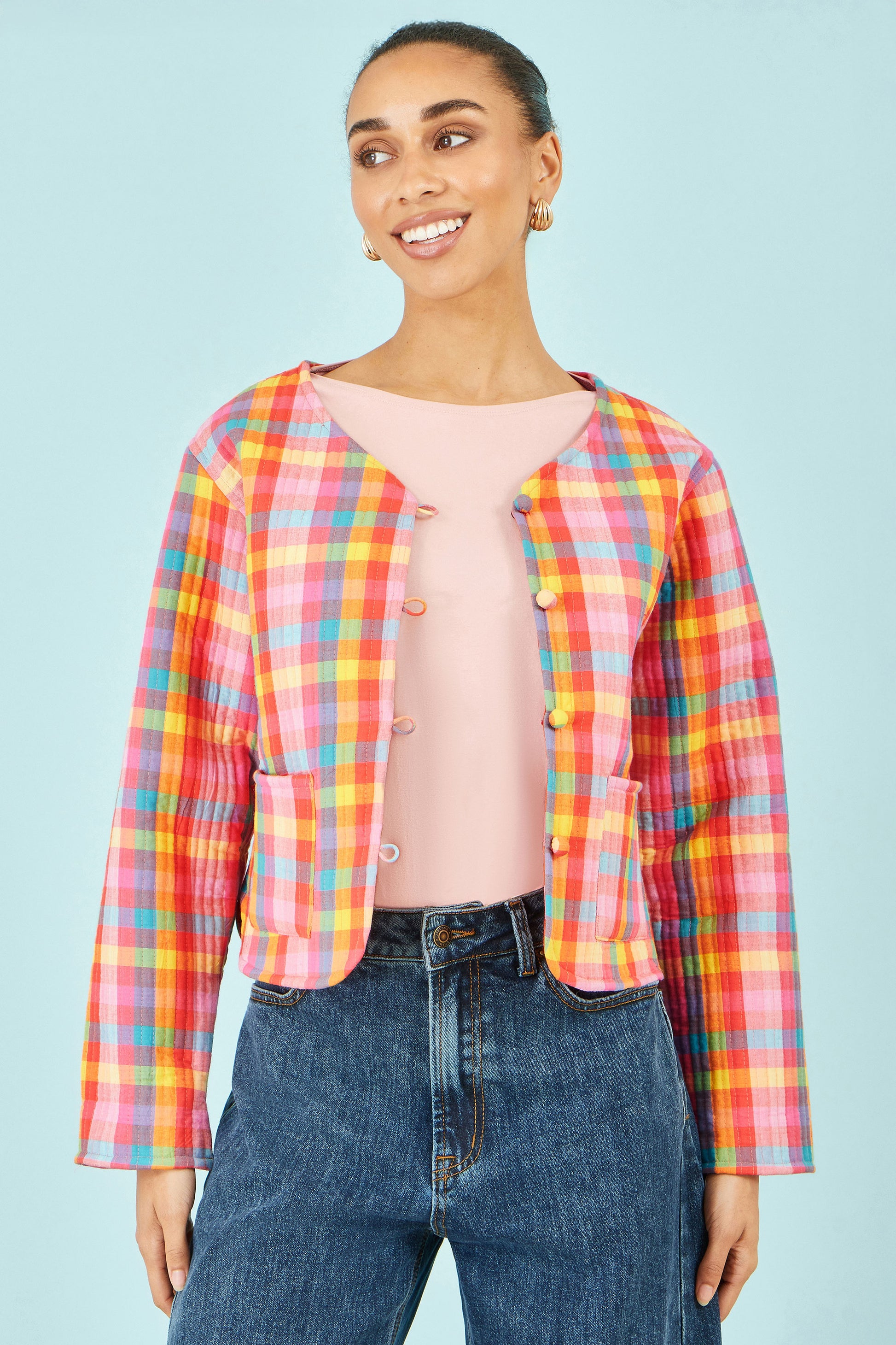 Yumi Multicolour Checked Reversible Cotton Quilted Jacket Outerwear Yumi