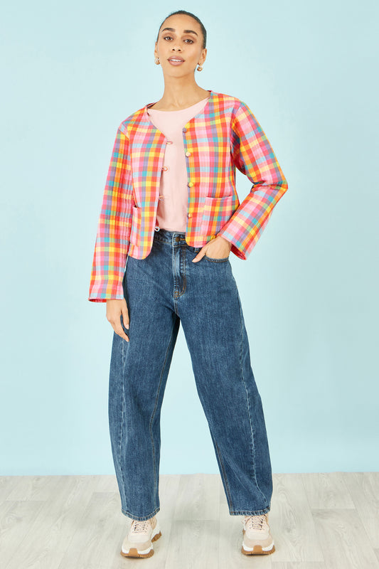 Yumi Multicolour Checked Reversible Cotton Quilted Jacket Outerwear Yumi