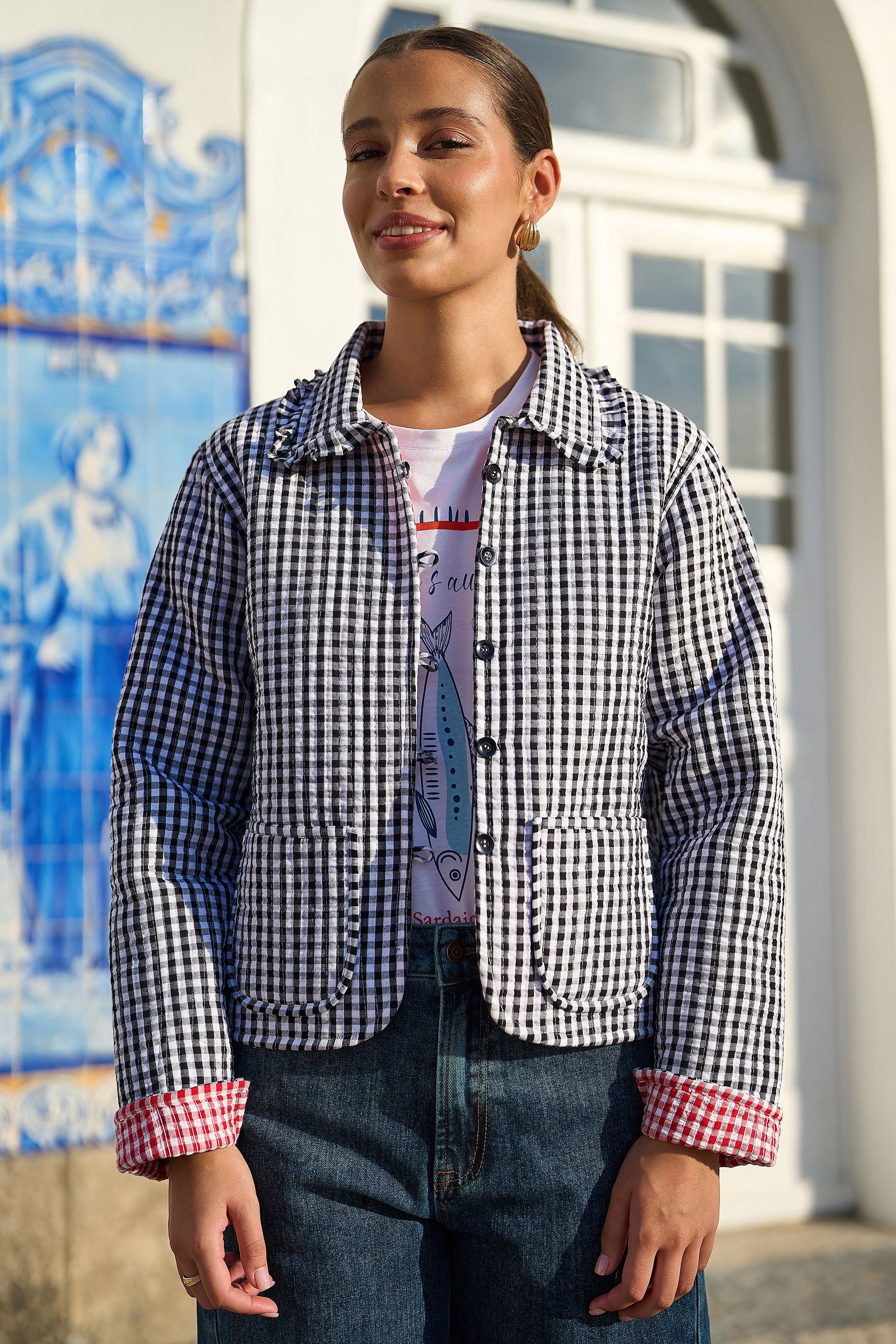 Yumi Black Gingham Frill Collar Jacket Outerwear Yumi