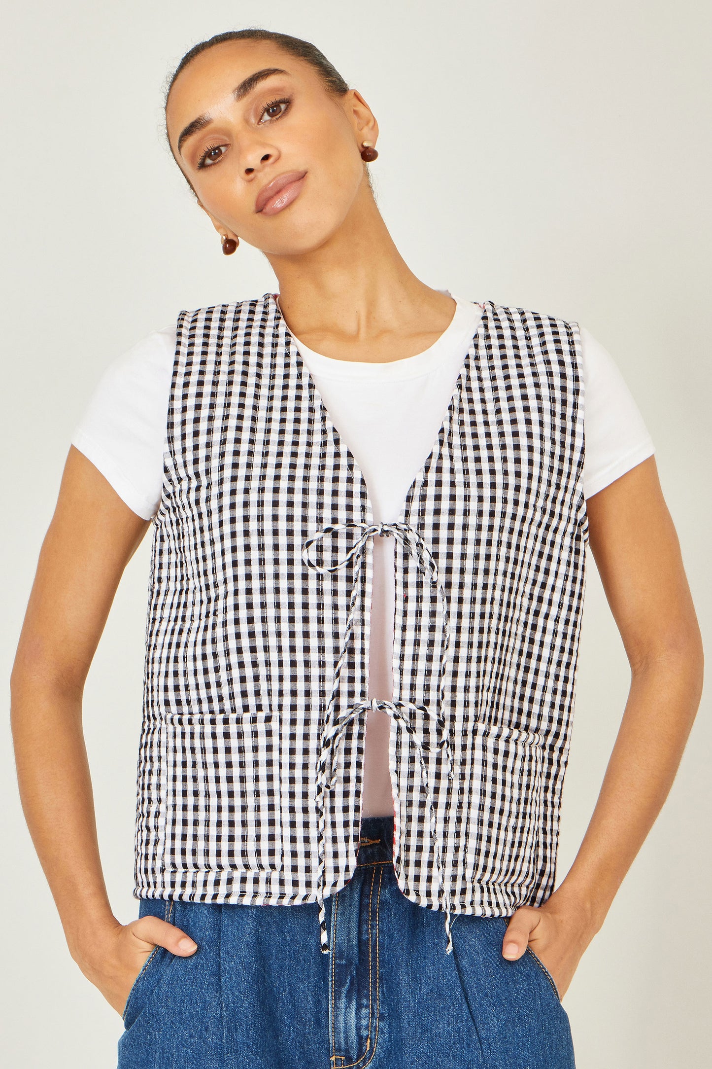 Yumi Black Gingham Reversible Cotton Tie Waistcoat Outerwear Yumi