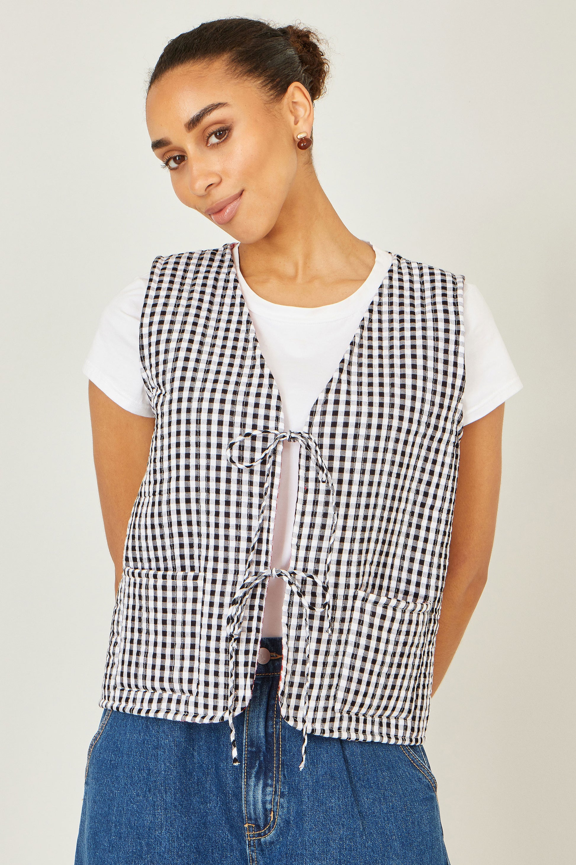 Yumi Black Gingham Reversible Cotton Tie Waistcoat Outerwear Yumi