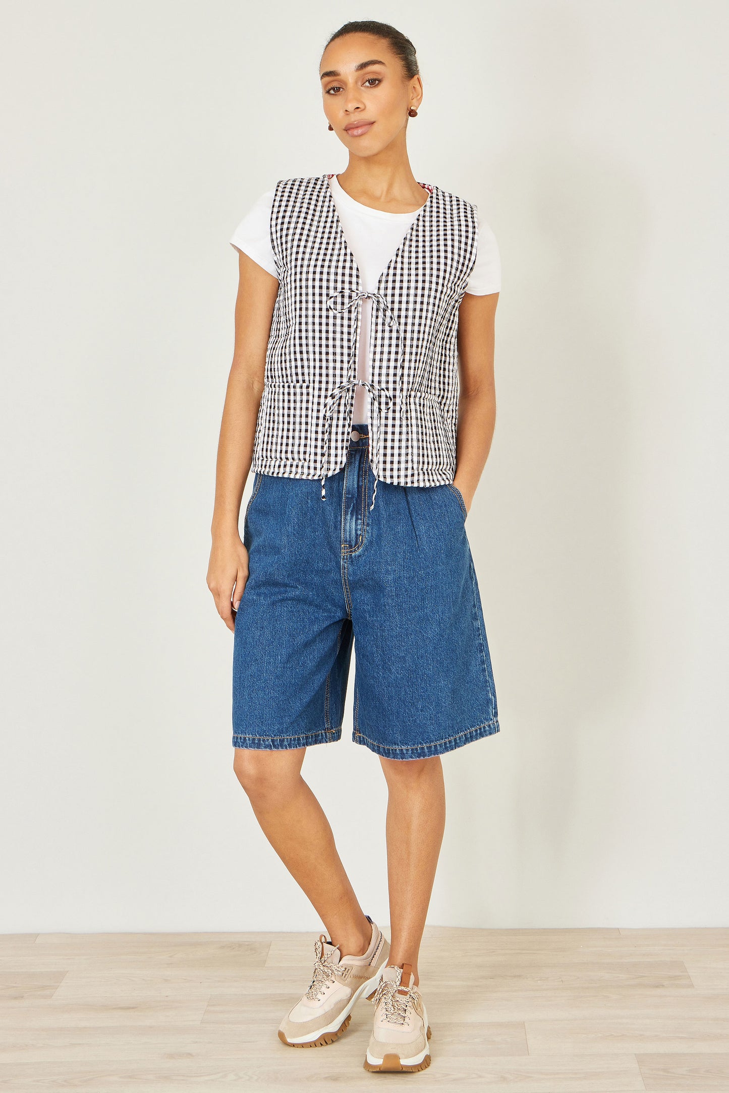 Yumi Black Gingham Reversible Cotton Tie Waistcoat Outerwear Yumi