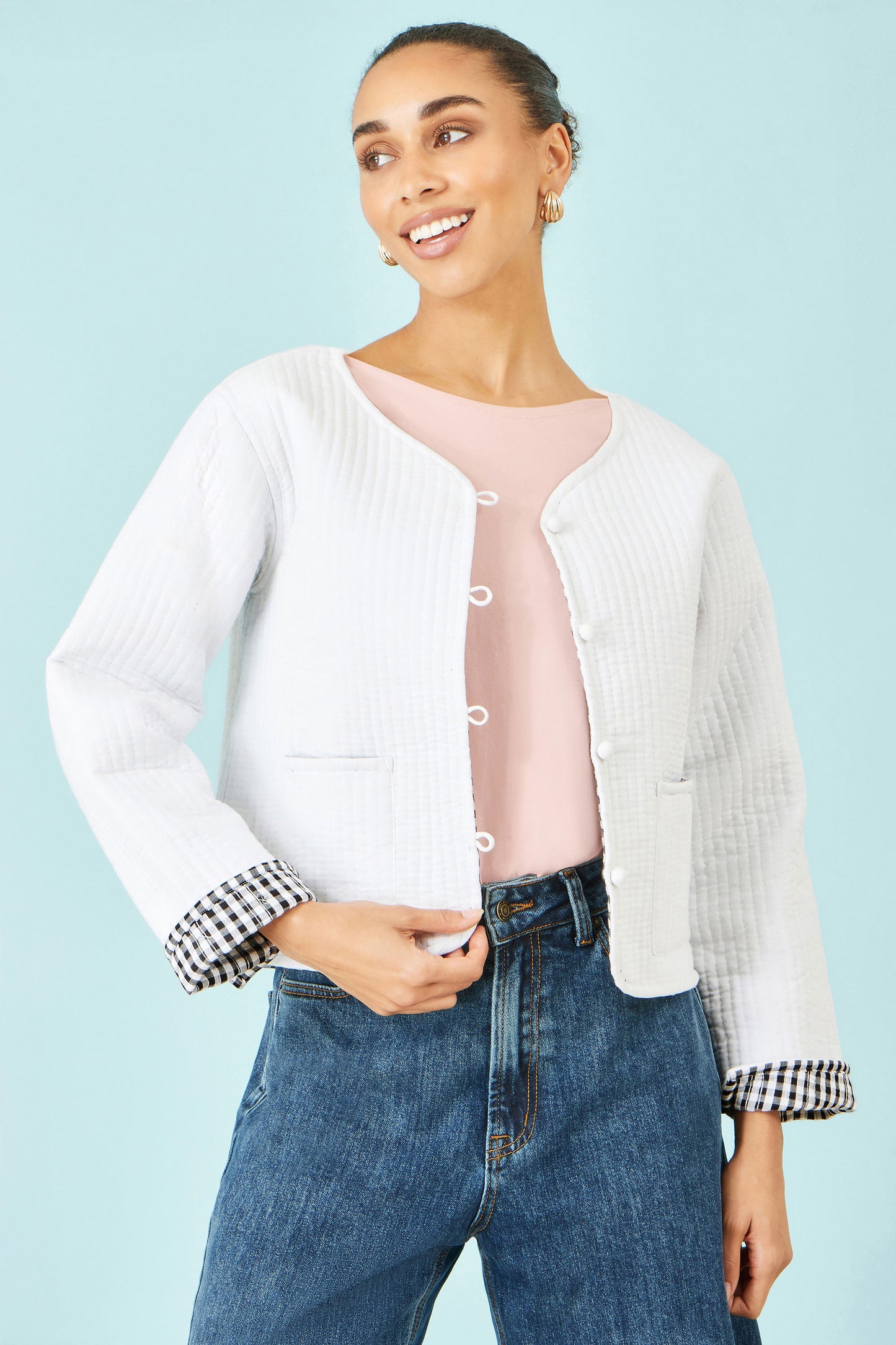 Yumi White Gingham Reversible Cotton Quilted Cropped Jacket Outerwear Yumi