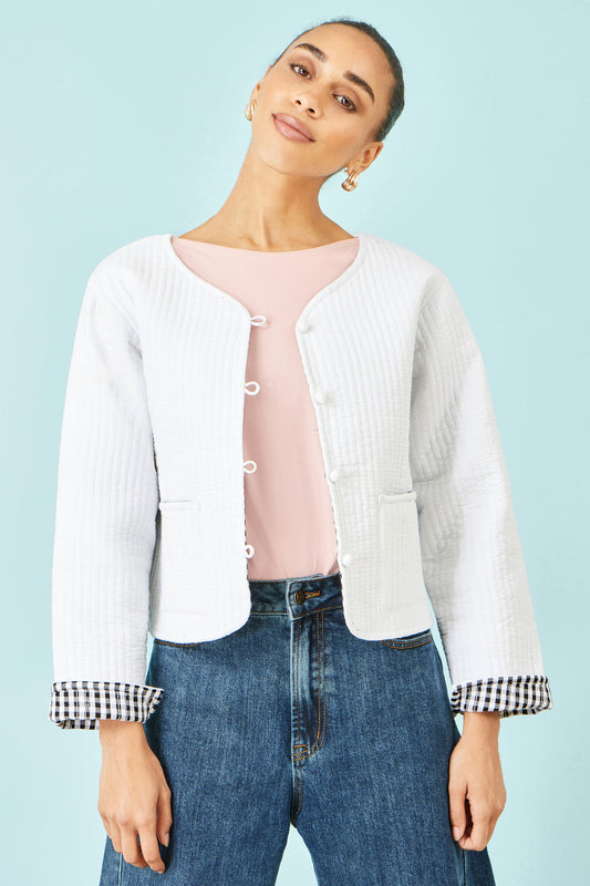 Yumi White Gingham Reversible Cotton Quilted Cropped Jacket Outerwear Yumi