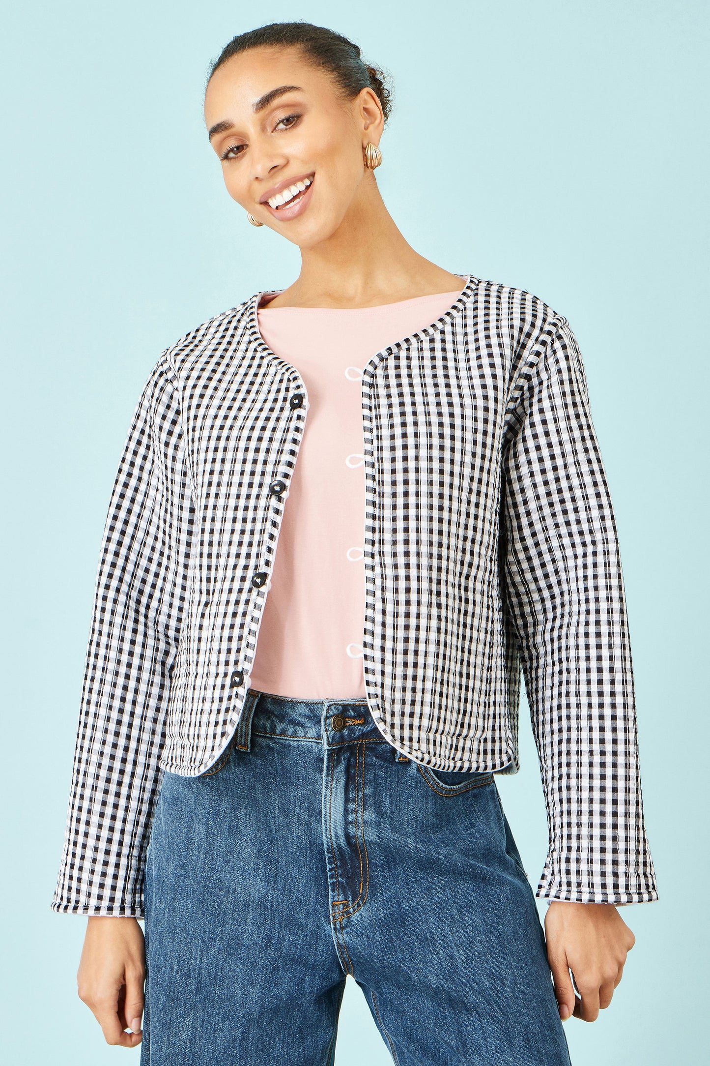 Yumi White Gingham Reversible Cotton Quilted Cropped Jacket Outerwear Yumi