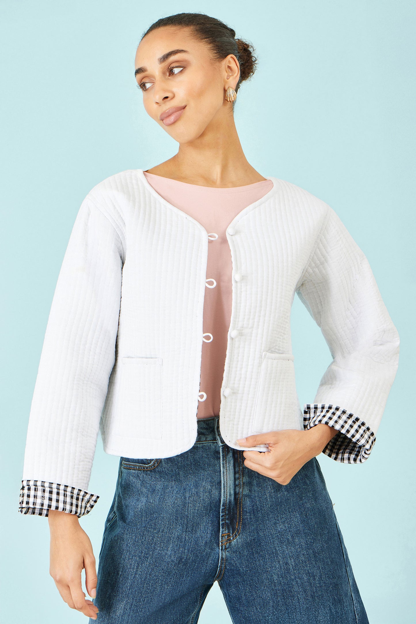 Yumi White Gingham Reversible Cotton Quilted Cropped Jacket Outerwear Yumi