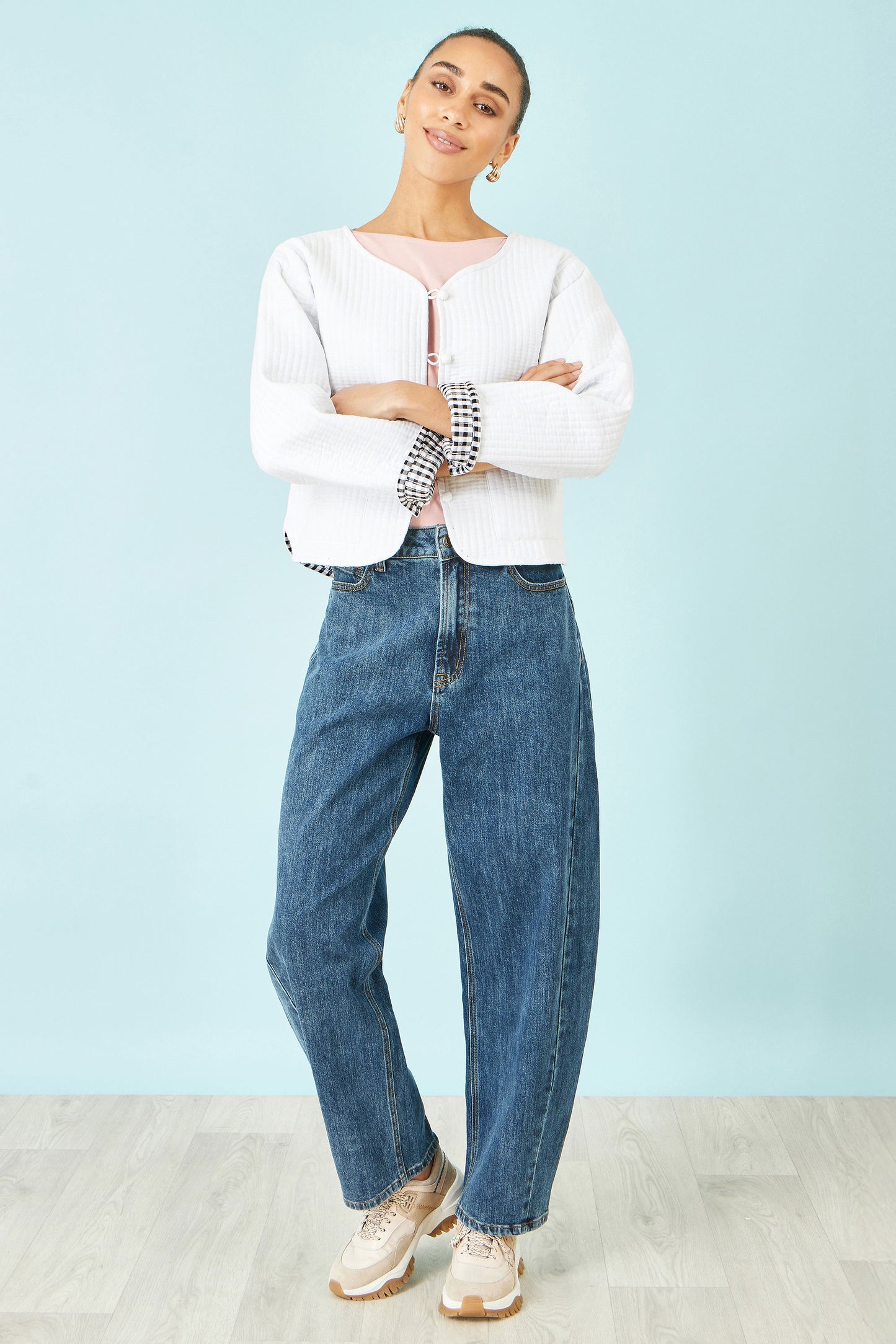 Yumi White Gingham Reversible Cotton Quilted Cropped Jacket Outerwear Yumi