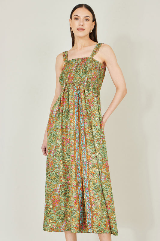 Yumi Green Foil Palm Print Ruched Maxi Dress With Border Detail Beachwear Yumi