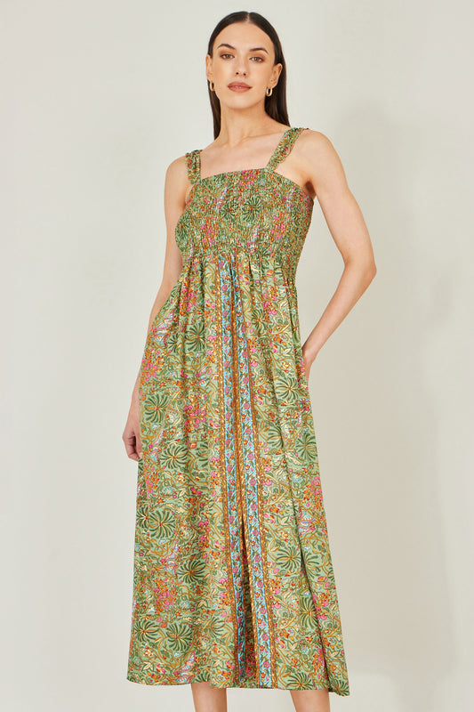 Yumi Green Foil Palm Print Ruched Maxi Dress With Border Detail Beachwear Yumi