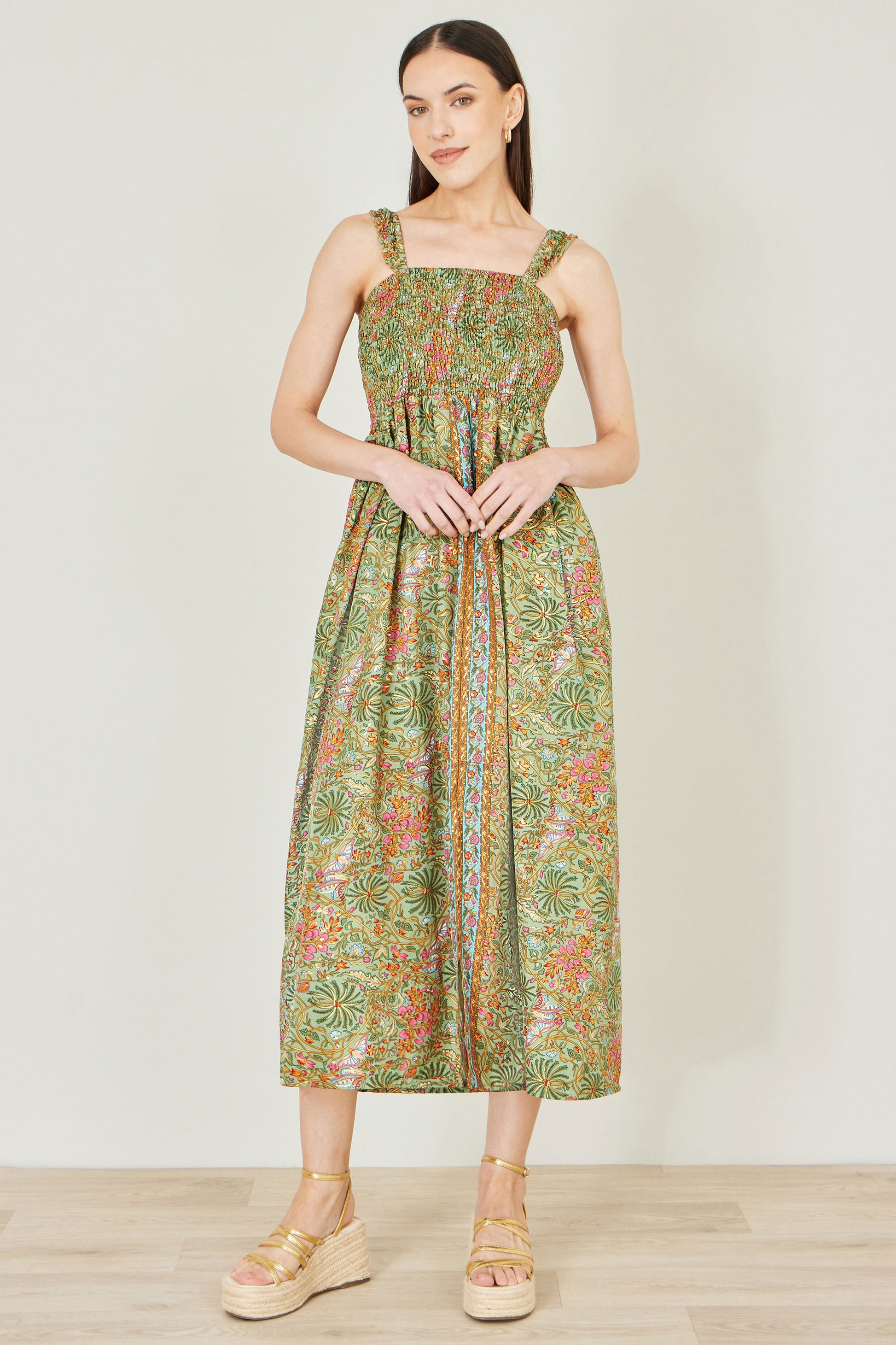 Yumi Green Foil Palm Print Ruched Maxi Dress With Border Detail Beachwear Yumi